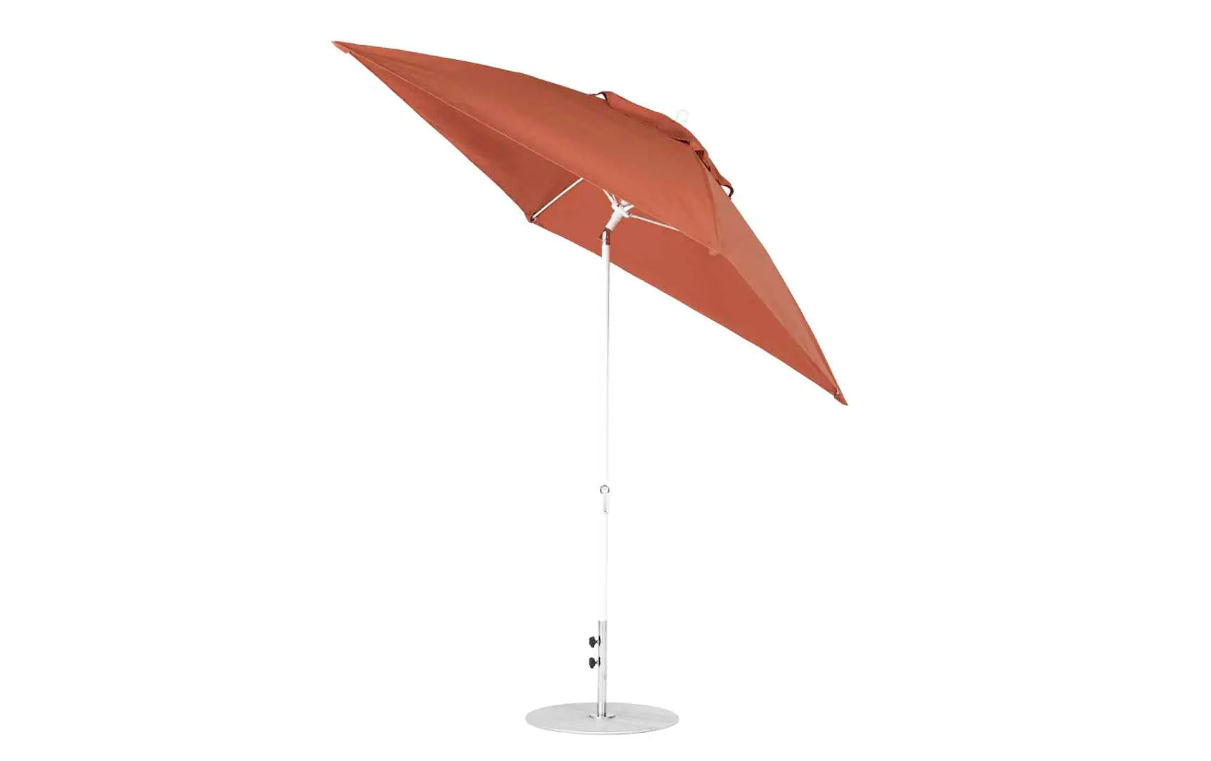 7.5-foot square crank auto tilt essential fiberglass umbrella in white with wooden ribs and black base