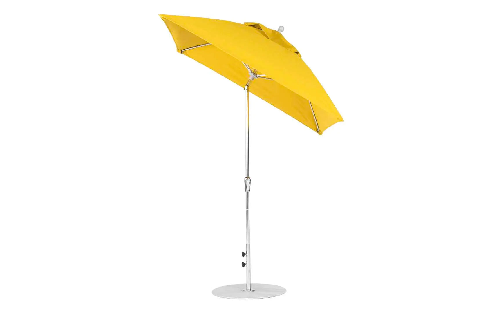 7.5-foot square crank auto tilt essential fiberglass umbrella in white with wooden frame and black base