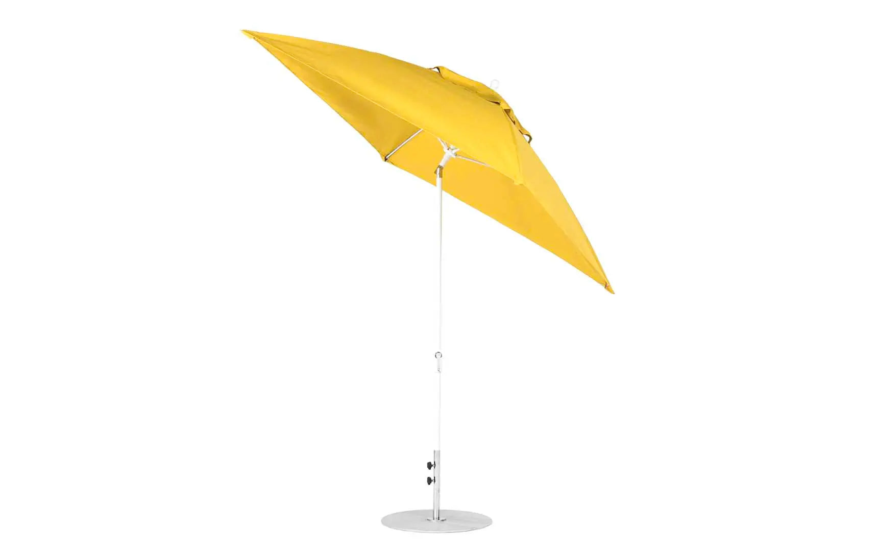 7.5-foot square crank auto tilt essential fiberglass umbrella in white with wooden frame and black base