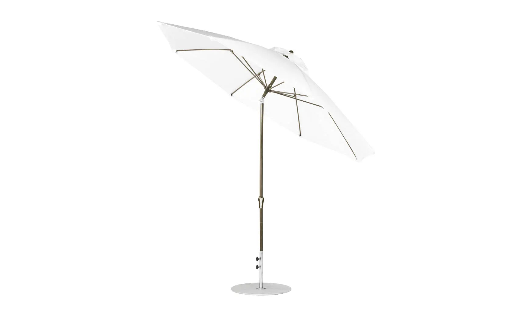 11-foot octagonal crank auto tilt essential fiberglass umbrella in white with black ribs and silver accents