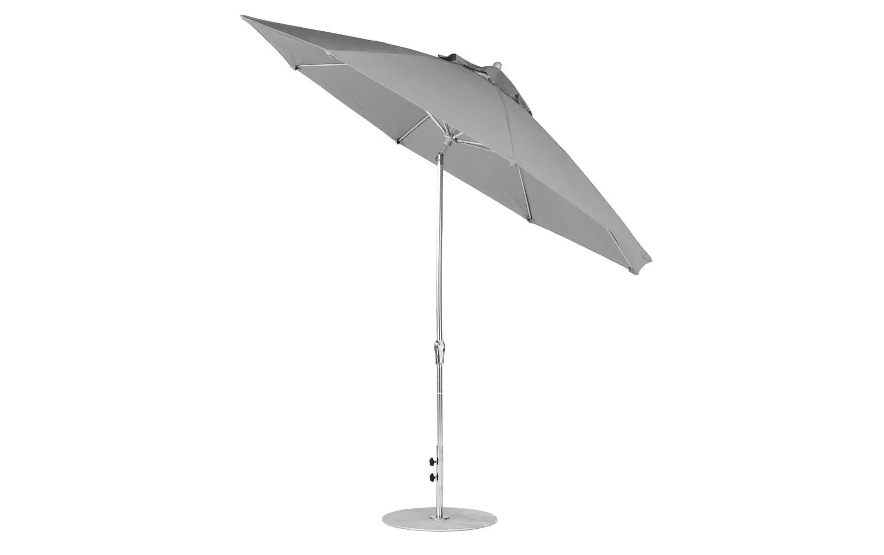 11-foot octagonal crank auto tilt essential fiberglass umbrella in white with black ribs and silver accents