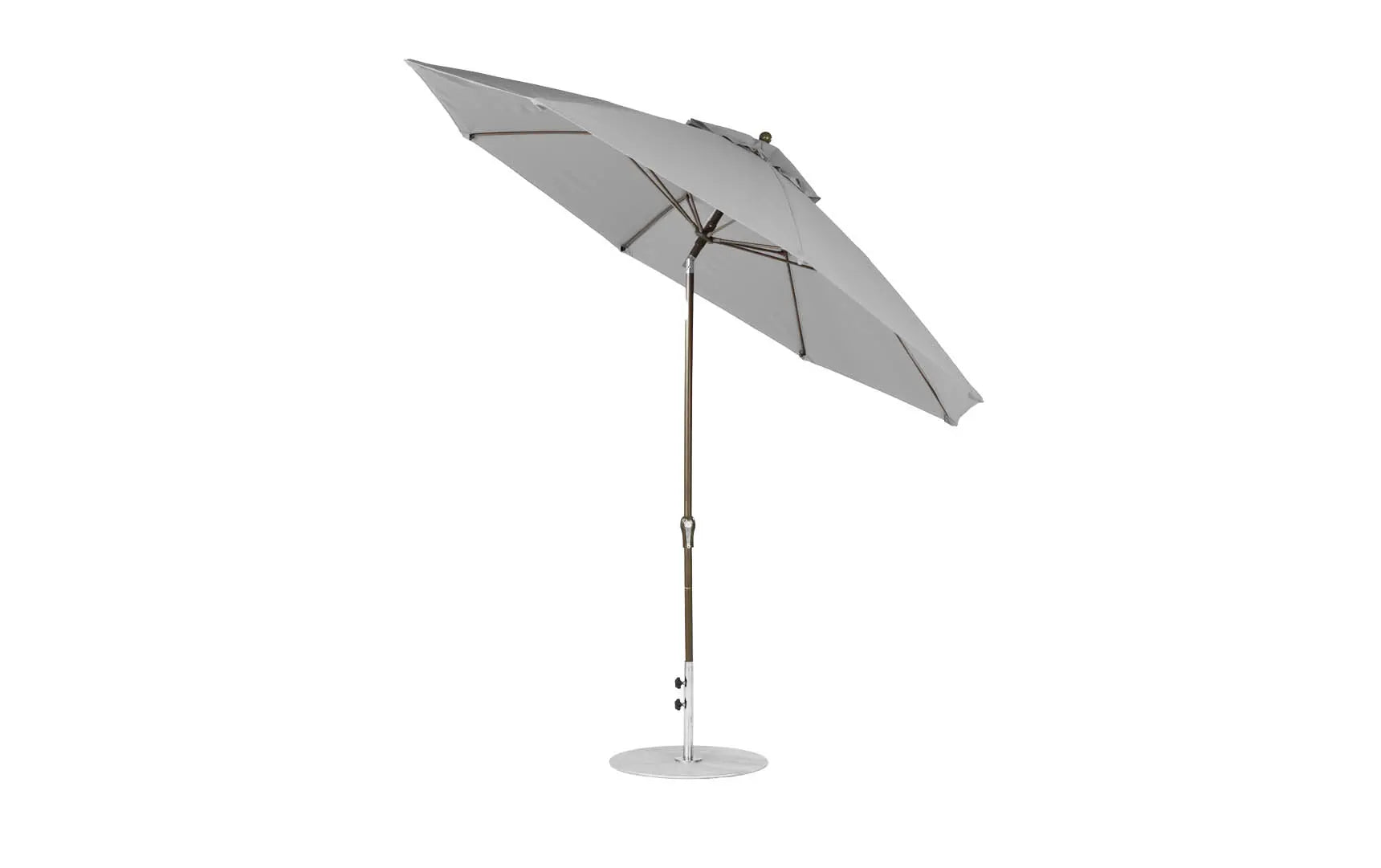 11-foot octagonal crank auto tilt essential fiberglass umbrella in white with black ribs and silver accents