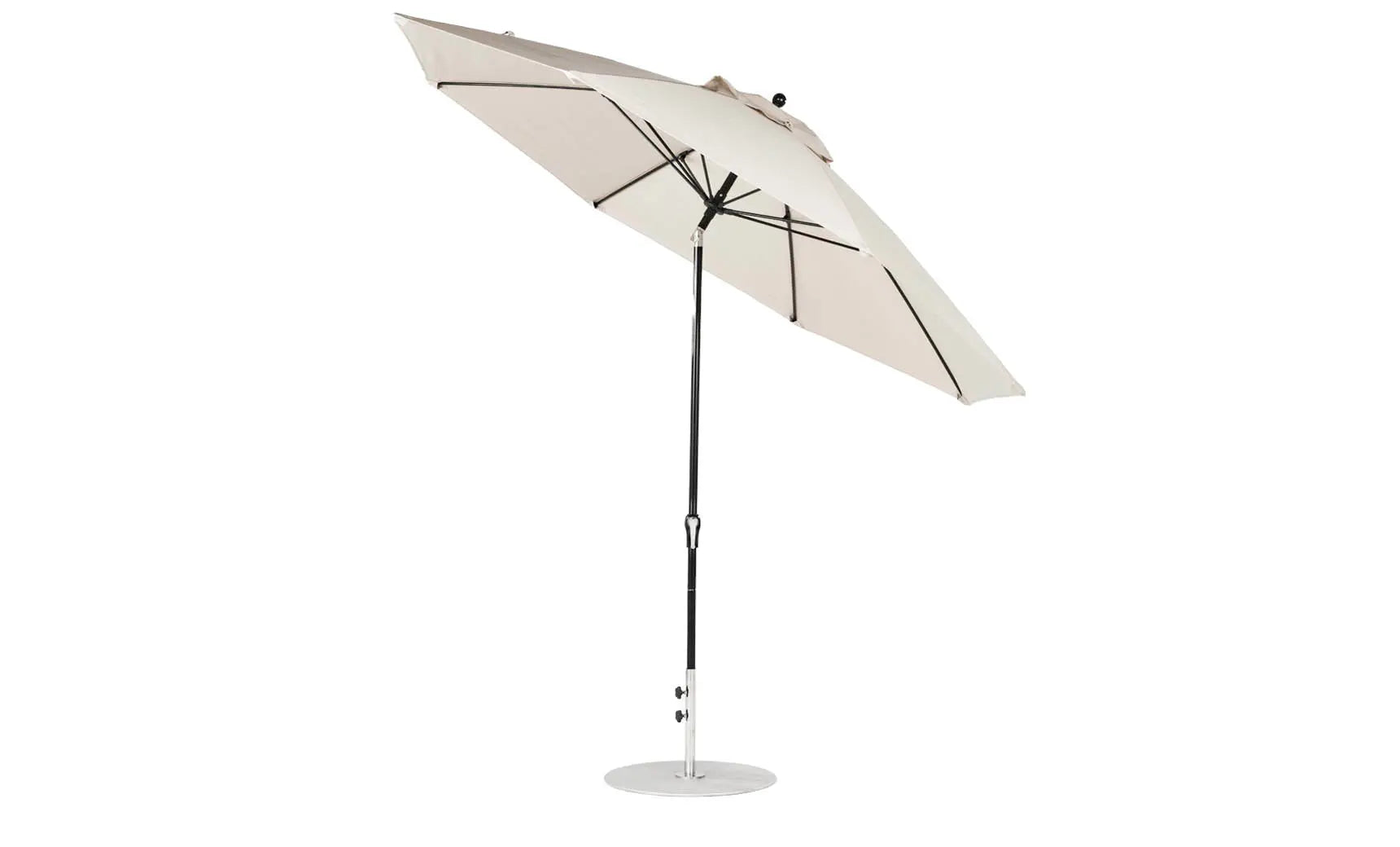 11-foot octagonal crank auto tilt essential fiberglass umbrella in white with black ribs and silver accents