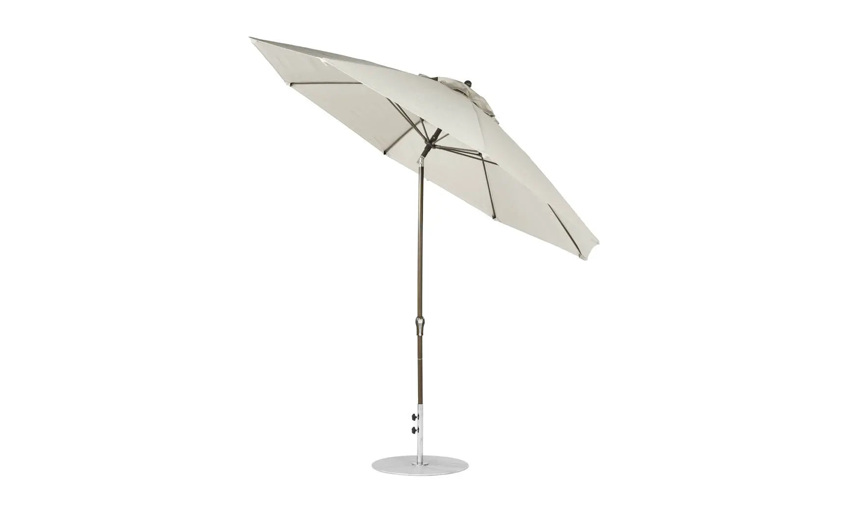 11-foot octagonal crank auto tilt essential fiberglass umbrella in white with black ribs and silver accents