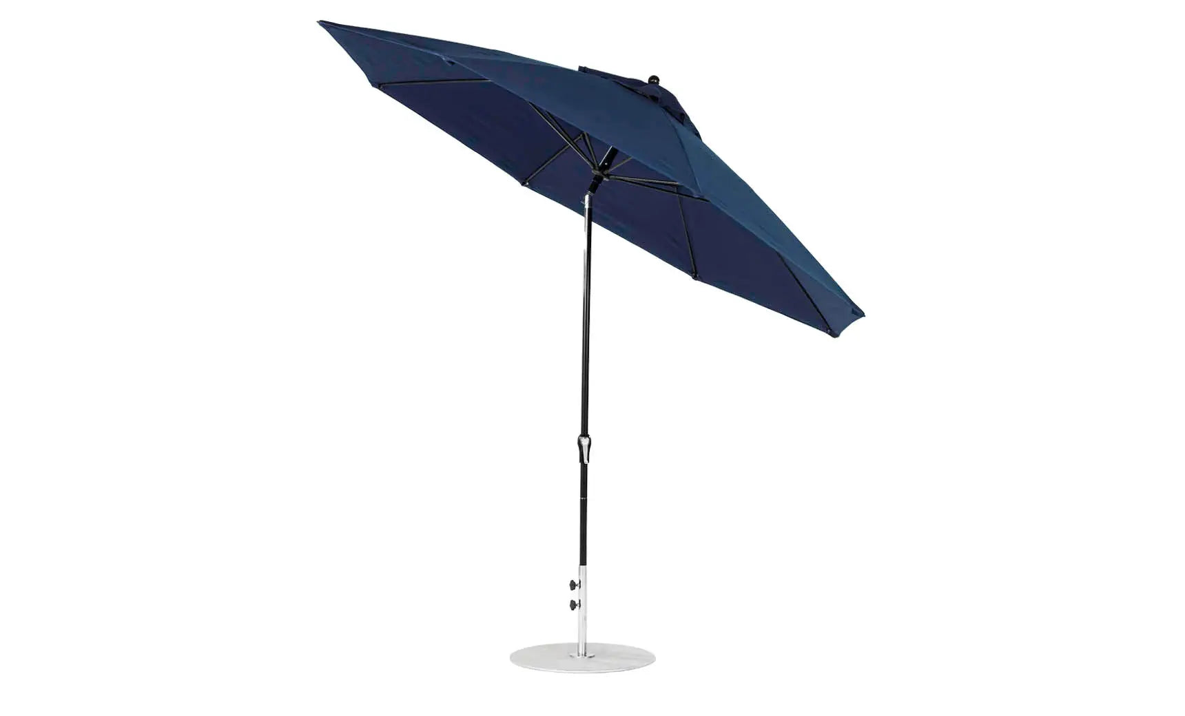 11-foot octagonal crank auto tilt essential fiberglass umbrella in white with black ribs and base