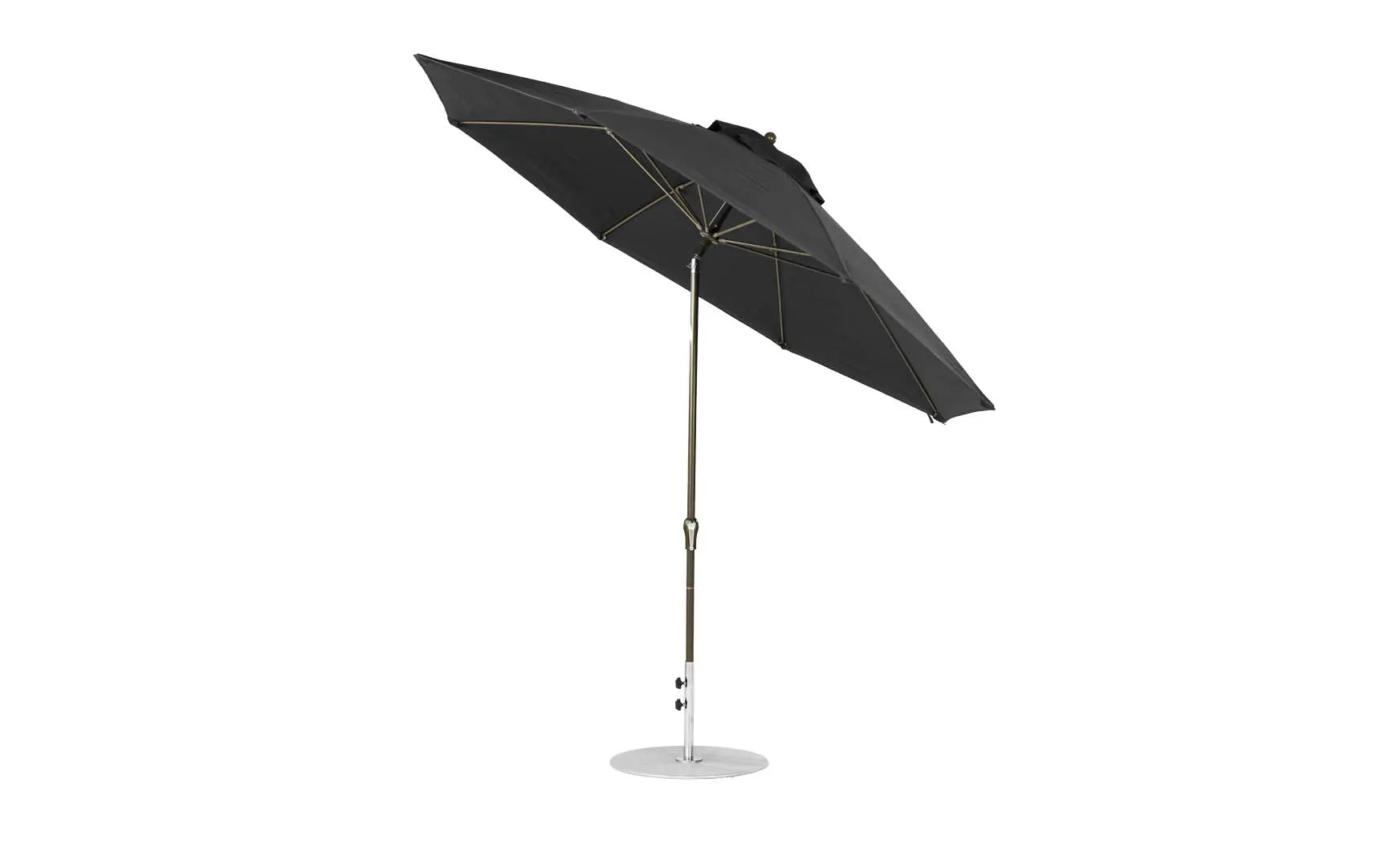 11-foot octagonal crank auto tilt essential fiberglass umbrella in white with black ribs and silver accents