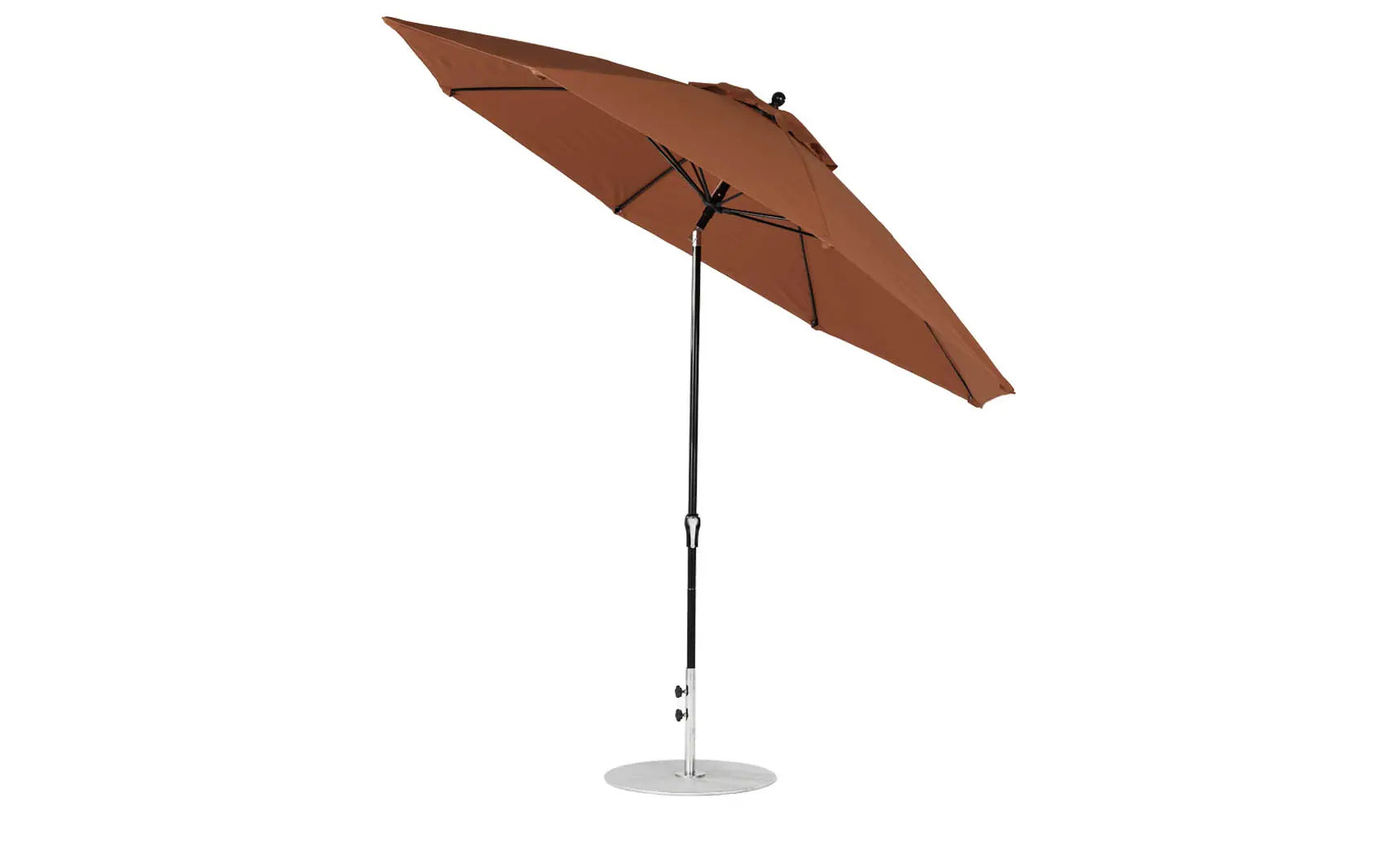 11-foot octagonal crank auto tilt essential fiberglass umbrella in white with black ribs and base