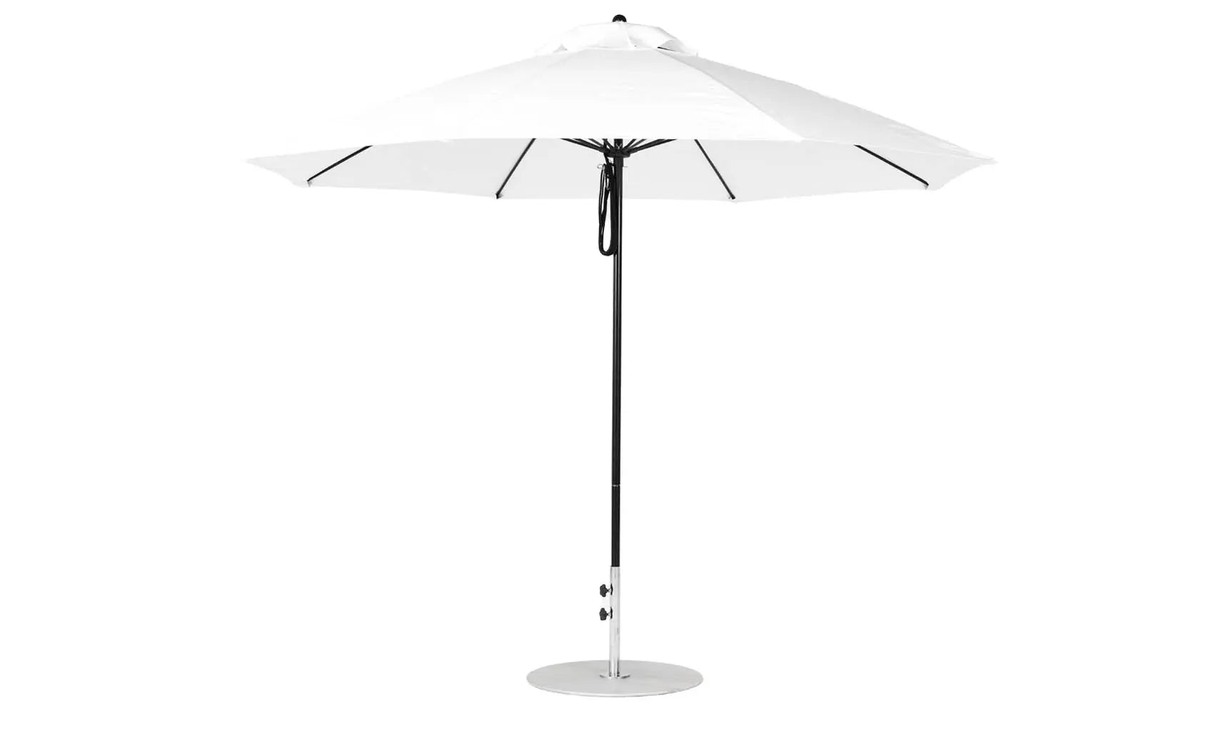 11-foot octagonal fiberglass umbrella with black ribs and silver canopy