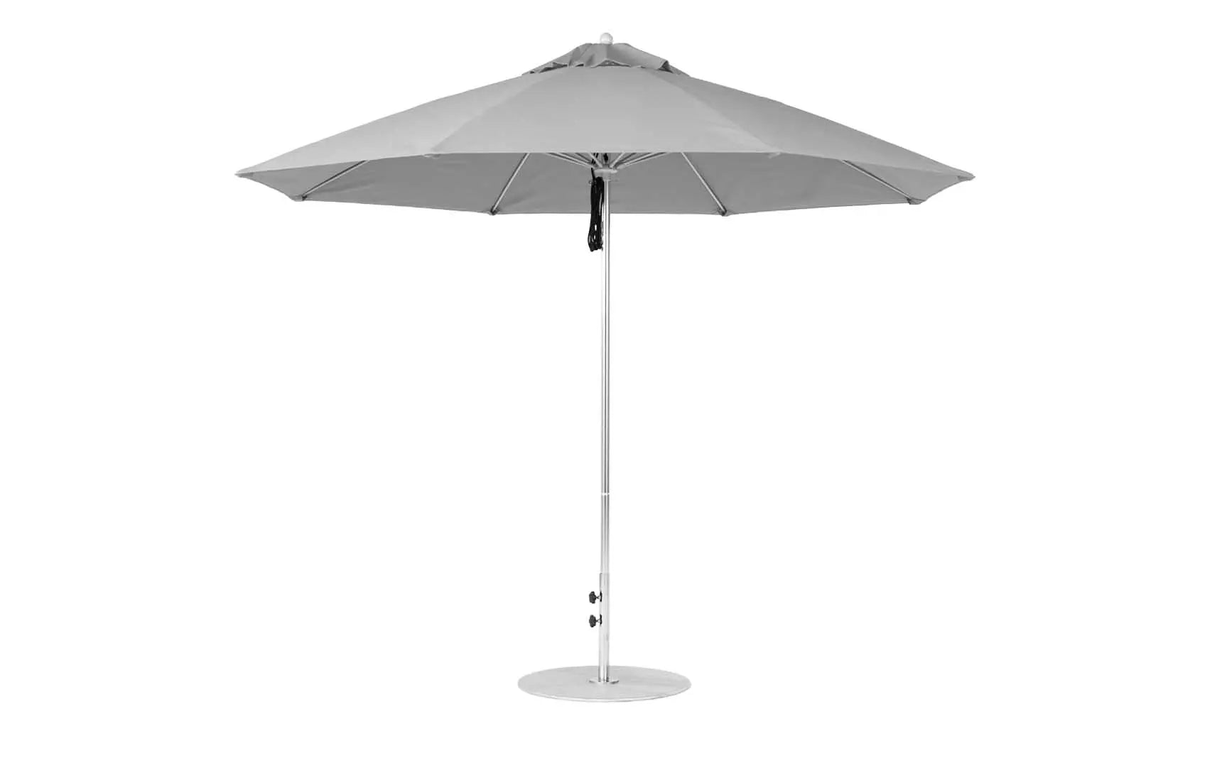 11-foot octagonal fiberglass umbrella with black canopy and silver poles