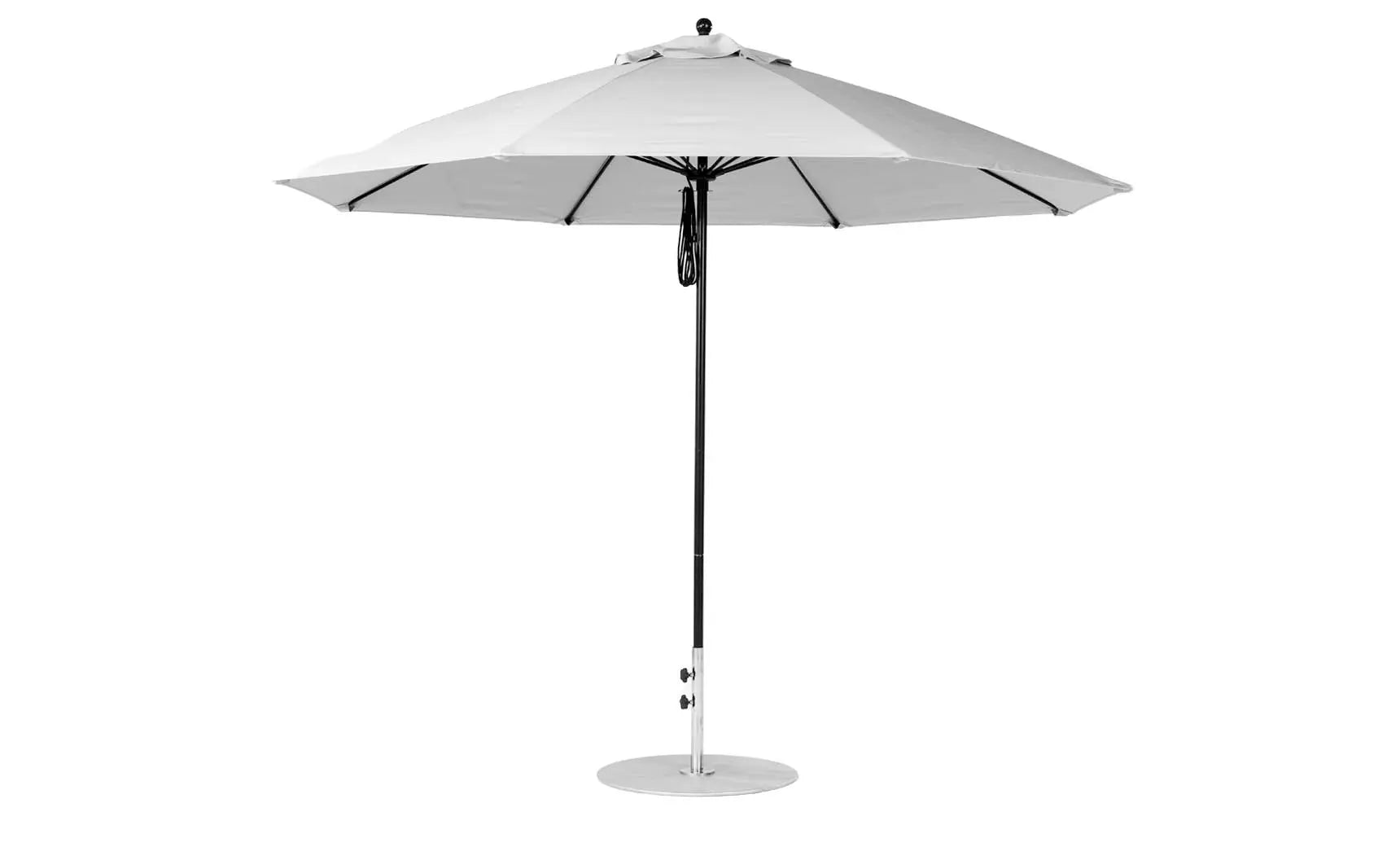 11-foot octagonal fiberglass umbrella with black canopy and silver poles