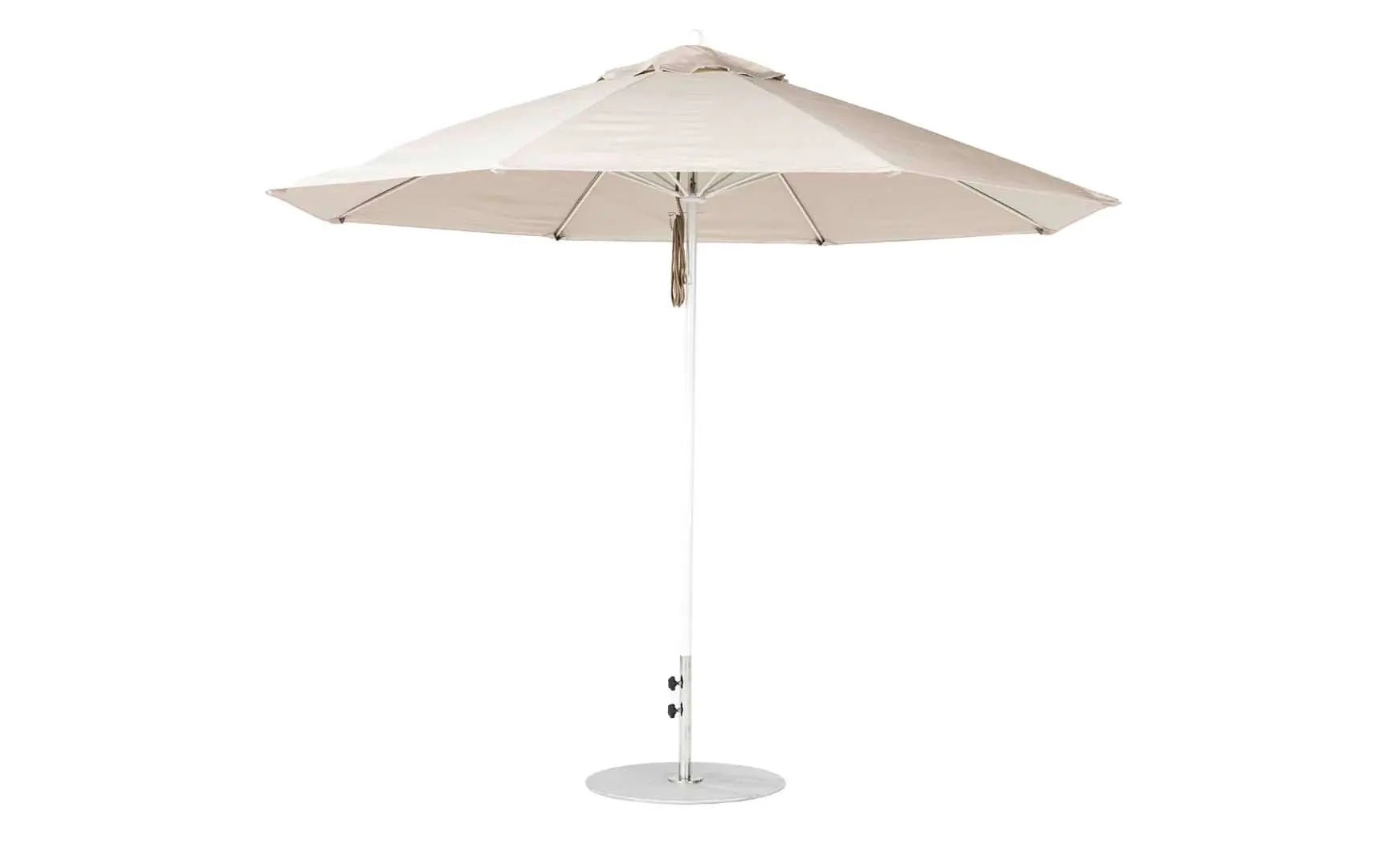 11-foot octagonal fiberglass umbrella with black canopy and silver poles
