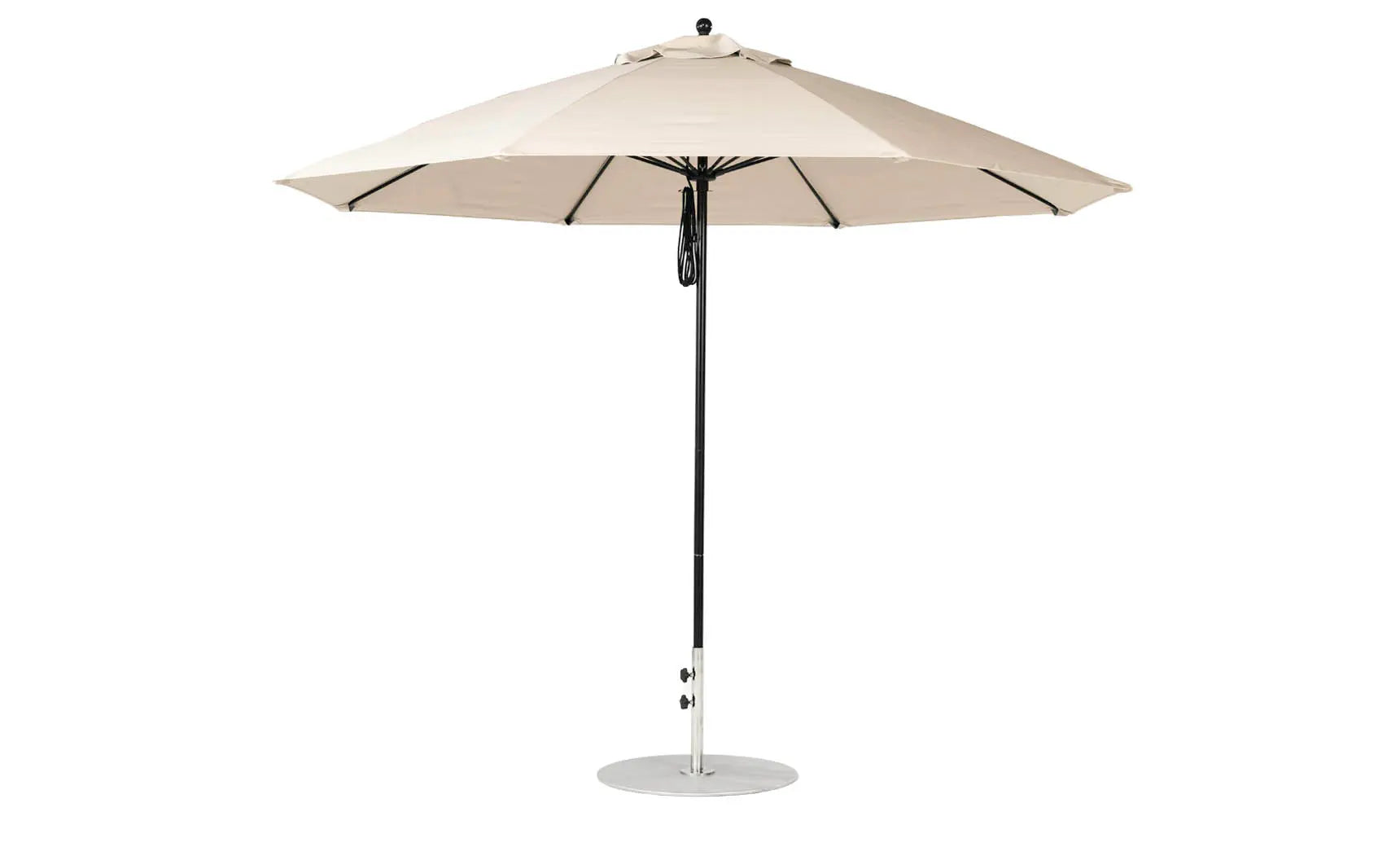 11-foot octagonal fiberglass umbrella with black canopy and silver poles