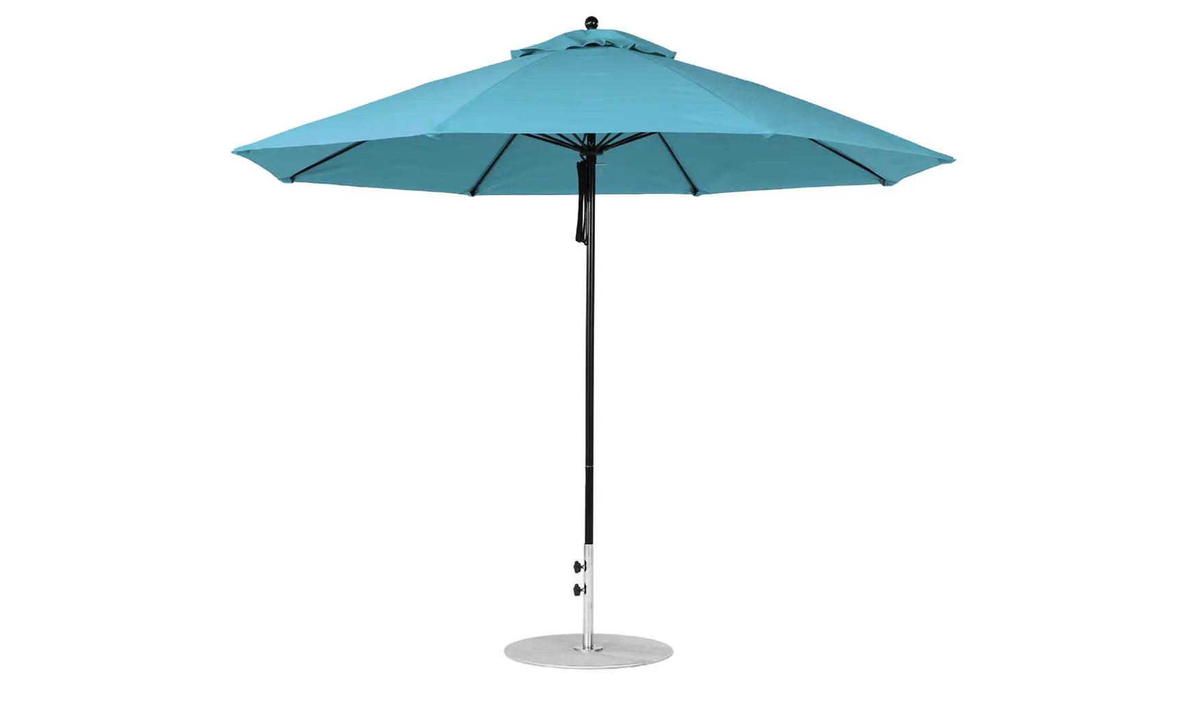 11-foot octagonal fiberglass umbrella with black canopy and silver ribs