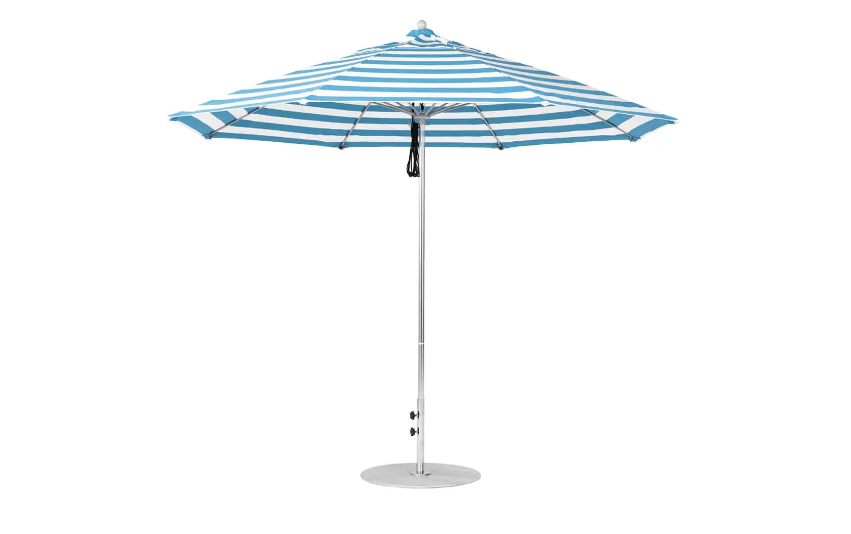 11-foot octagonal fiberglass umbrella with black canopy and silver poles