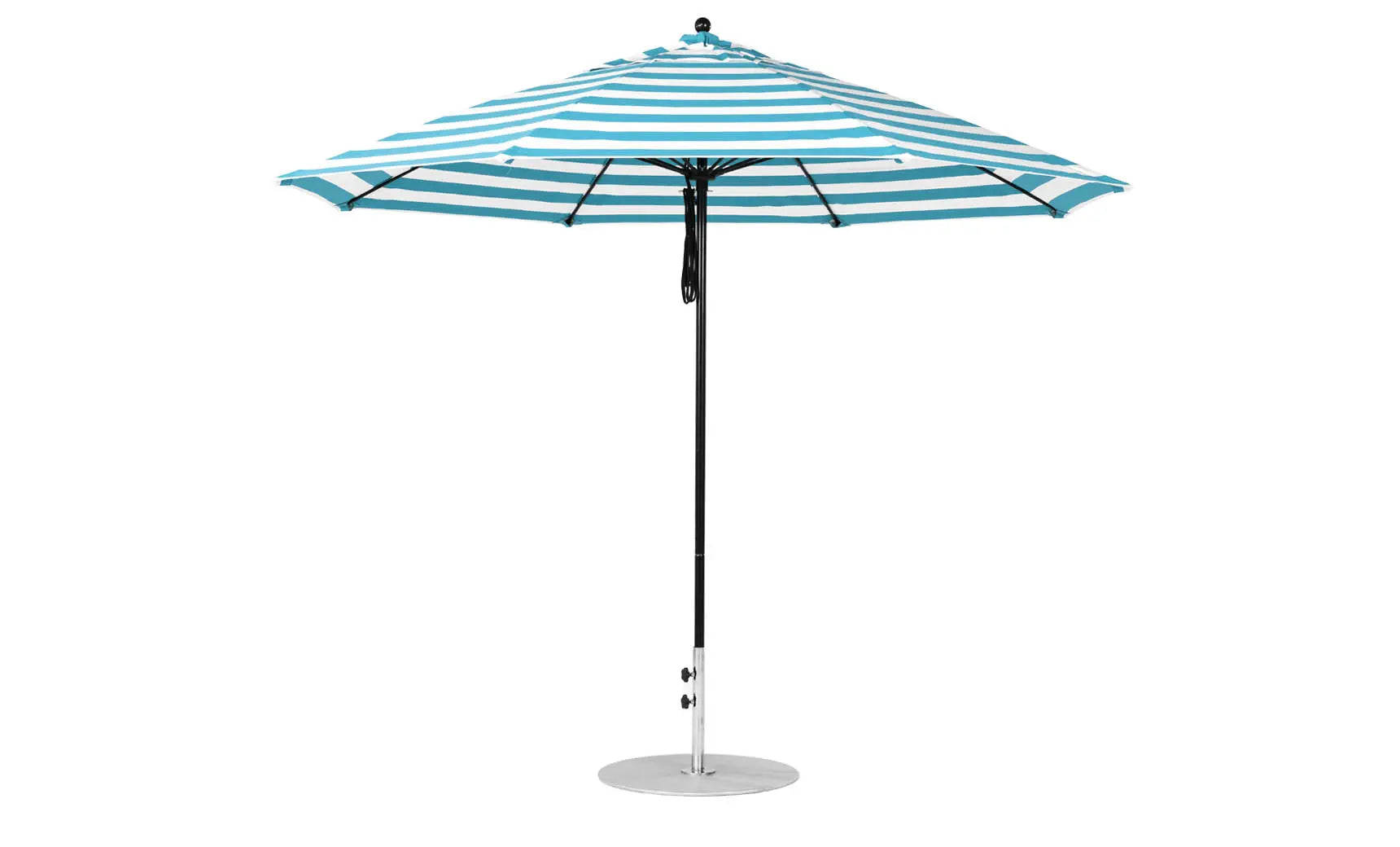 11-foot octagonal fiberglass umbrella with black canopy and silver poles