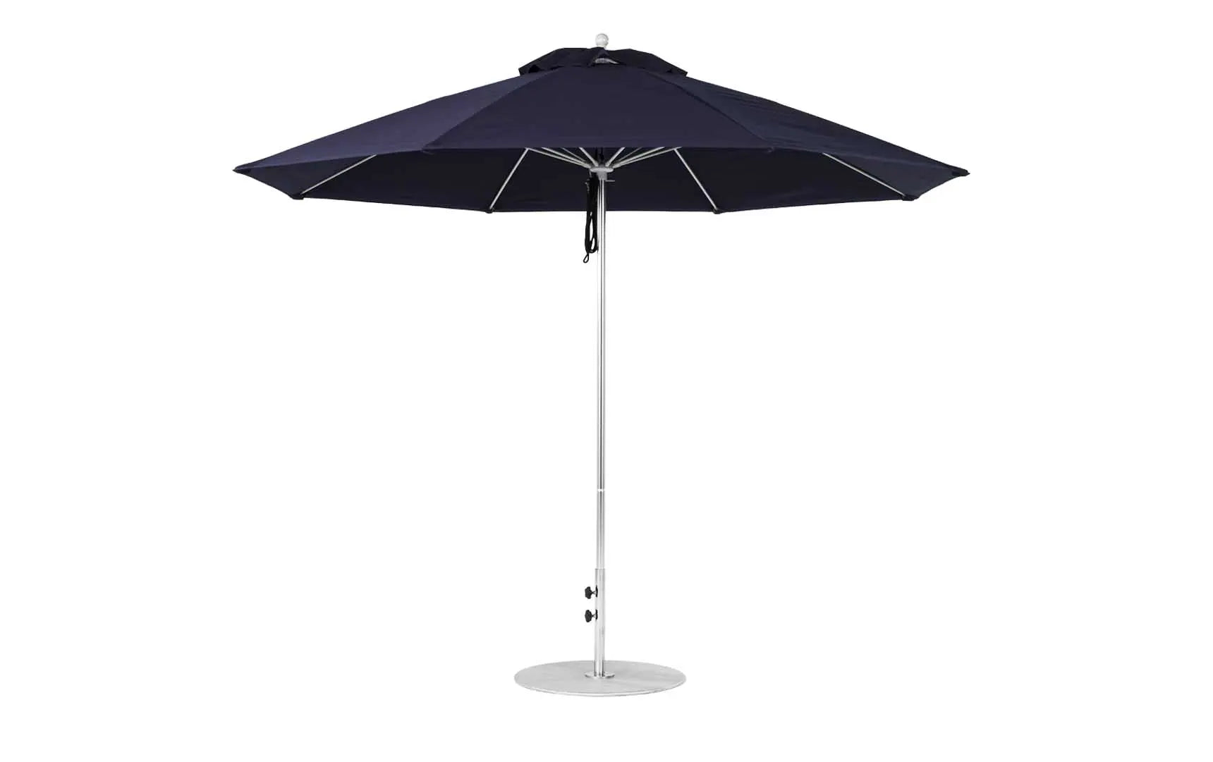 11-foot octagonal fiberglass umbrella with black canopy and silver poles