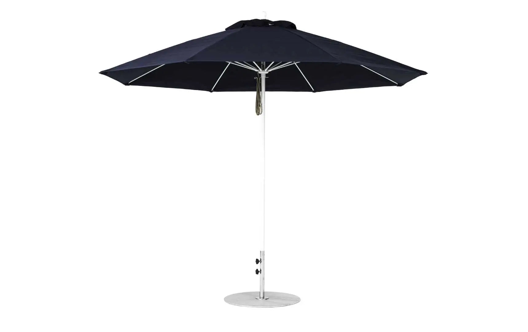 11-foot octagonal fiberglass umbrella with black canopy and silver poles