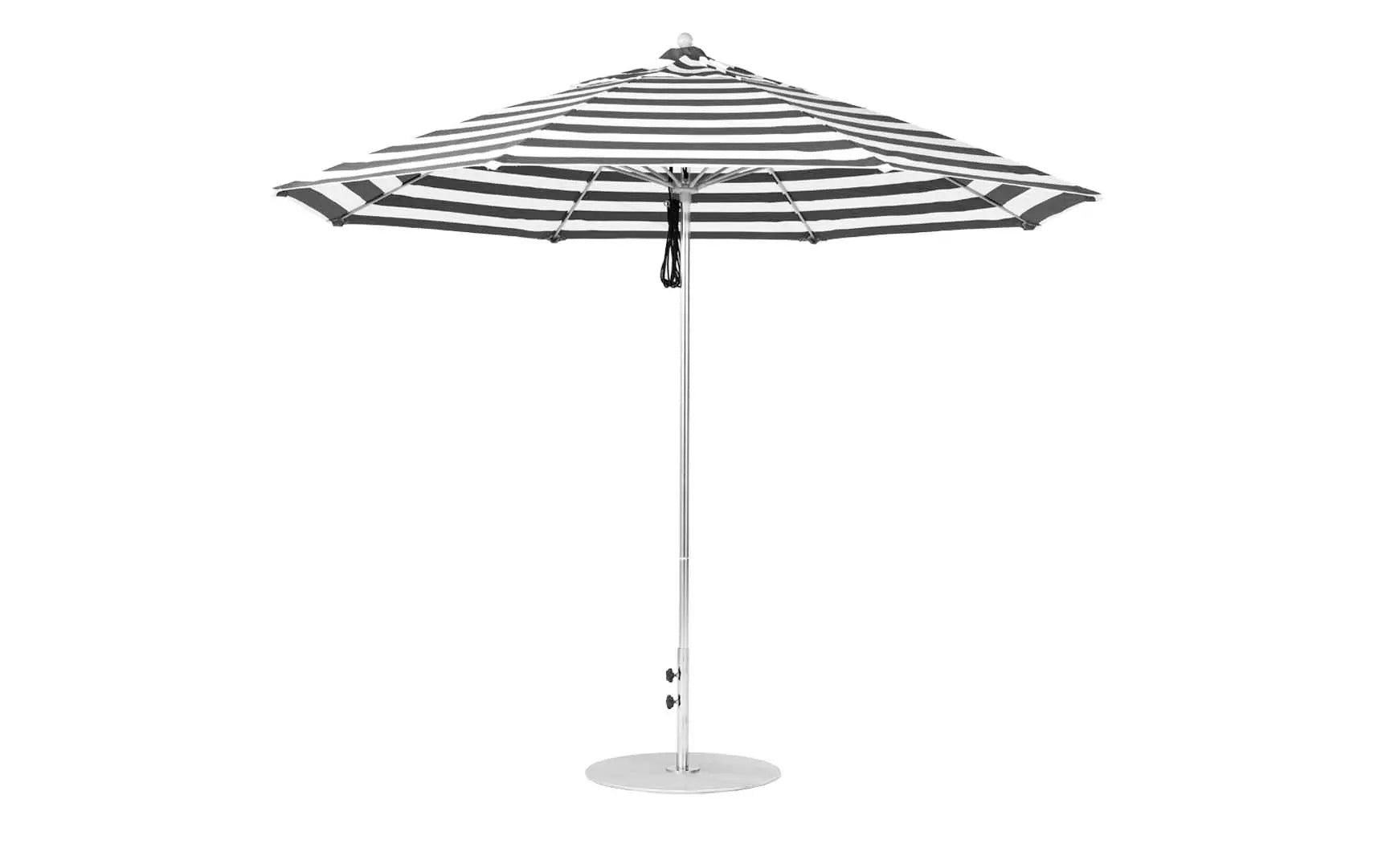 11-foot octagonal fiberglass umbrella with black canopy and silver poles