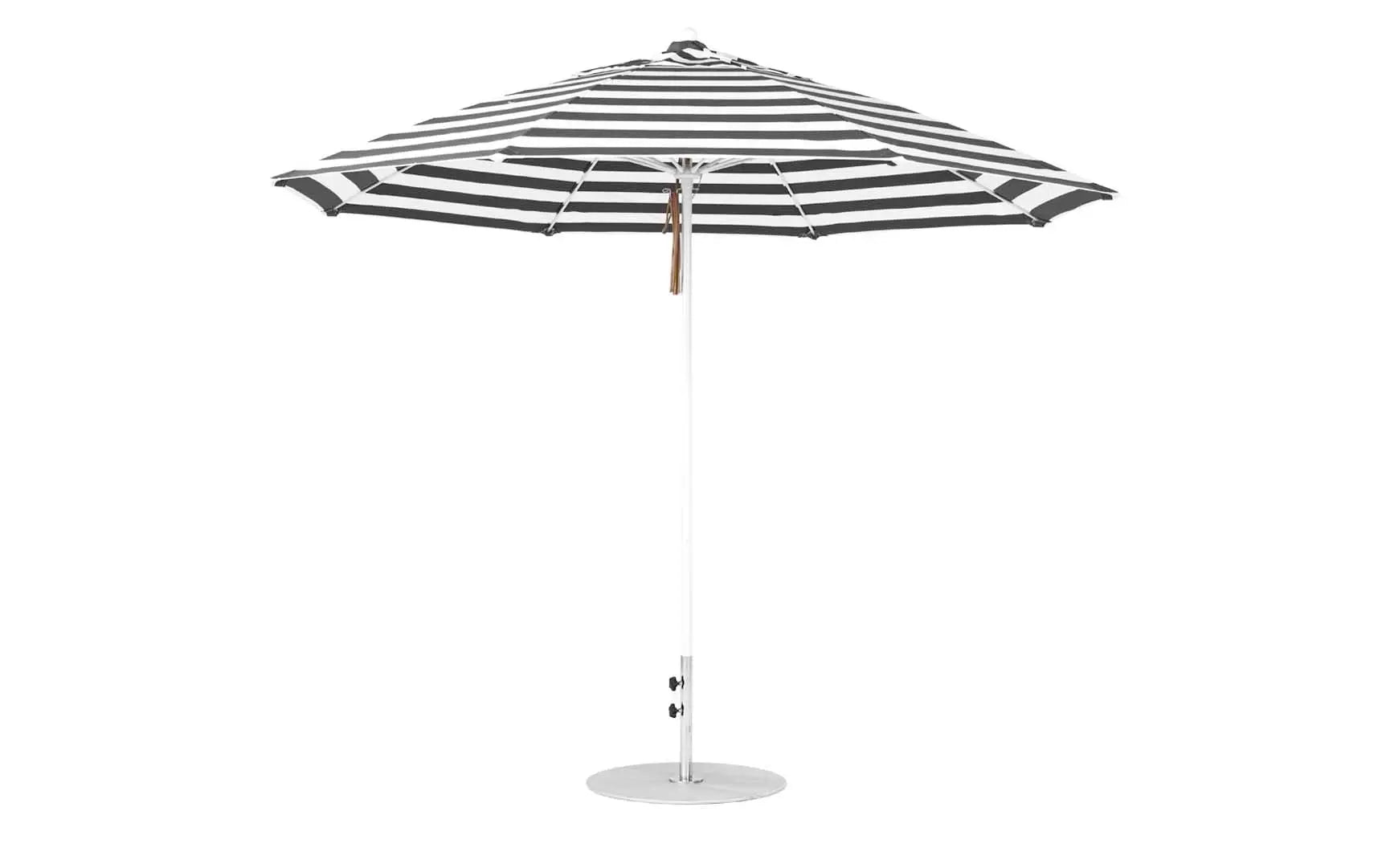 11-foot octagonal fiberglass umbrella with black canopy and silver poles