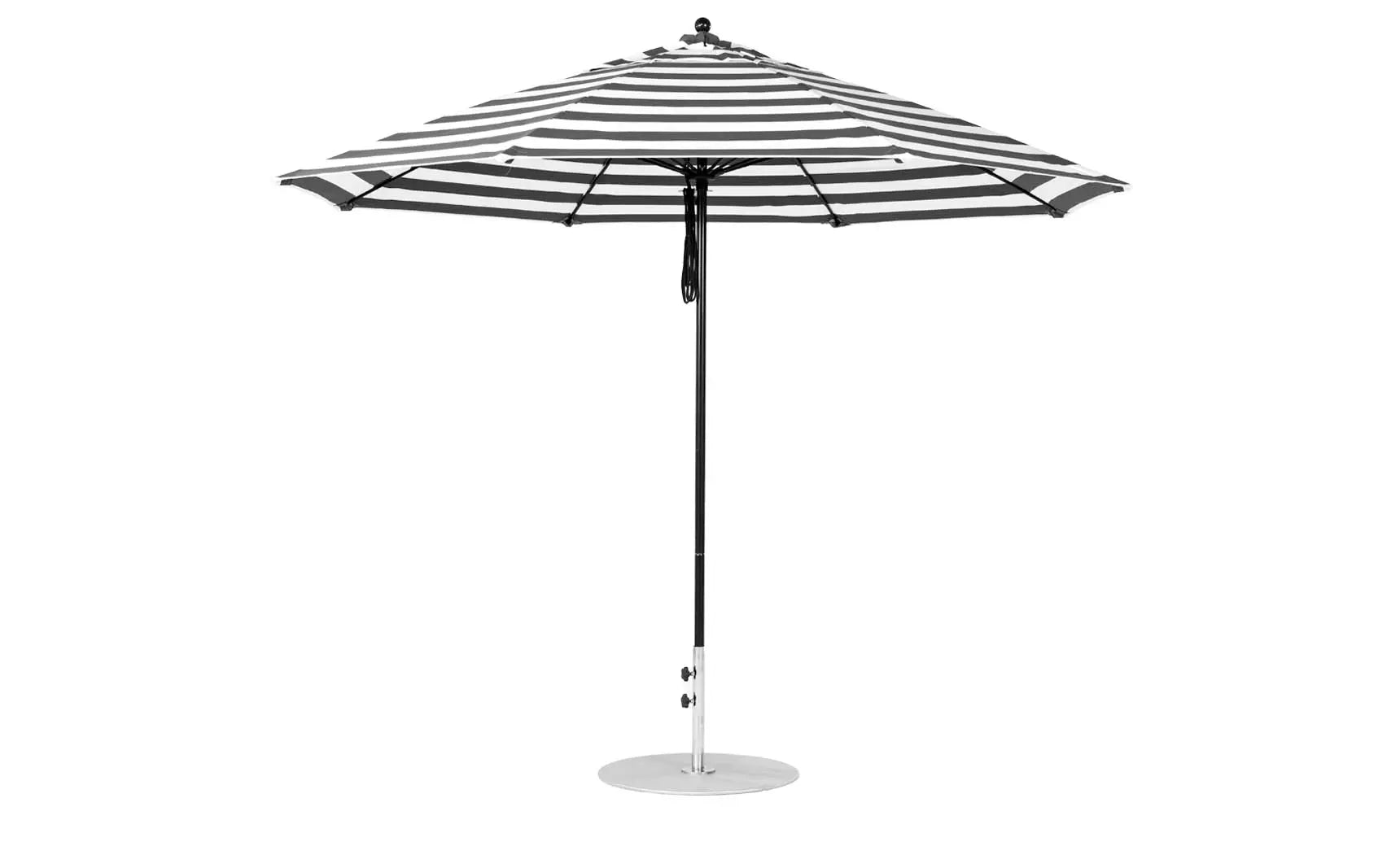 11-foot octagonal fiberglass umbrella with black canopy and silver poles