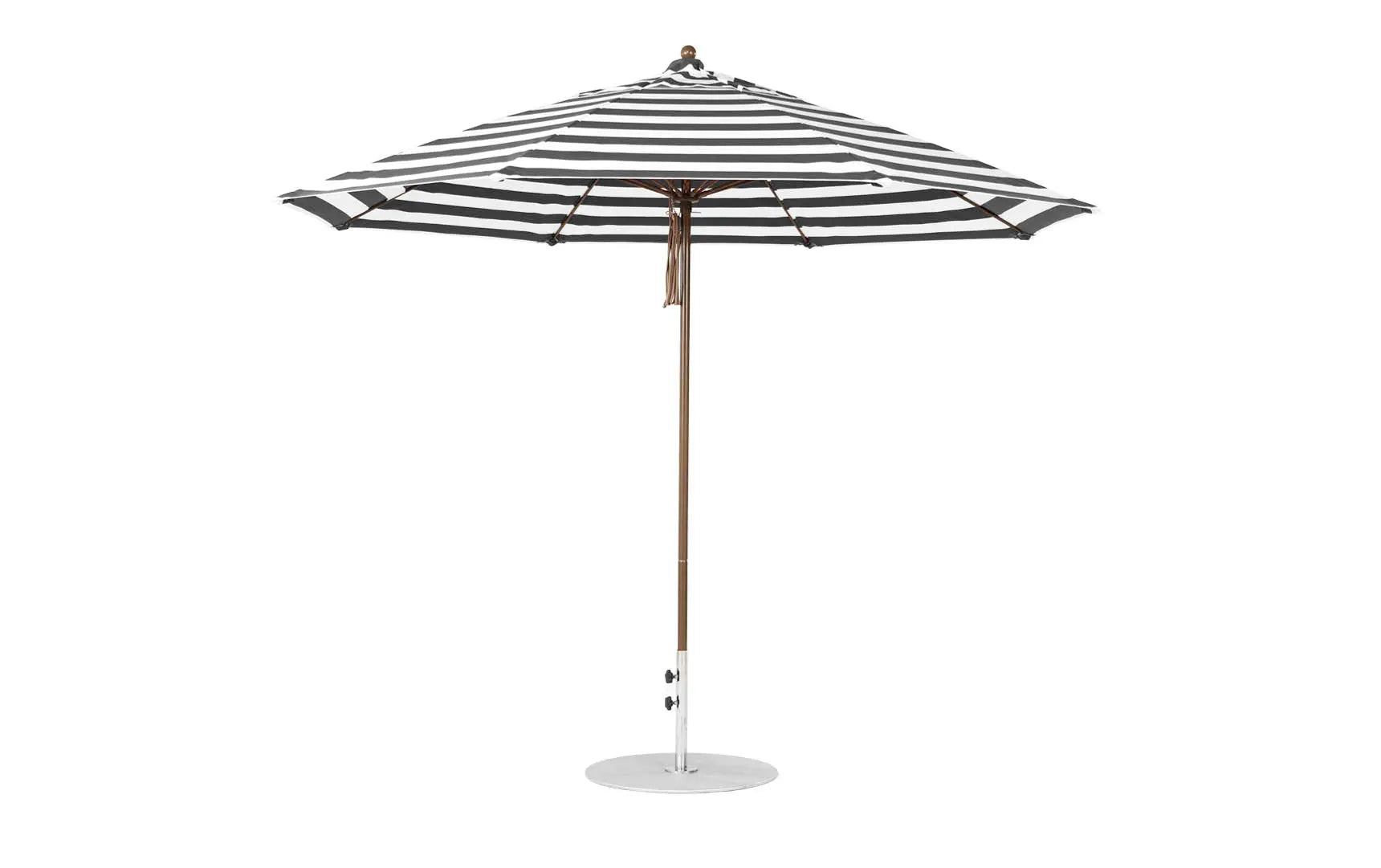 11-foot octagonal fiberglass umbrella with black canopy and silver poles