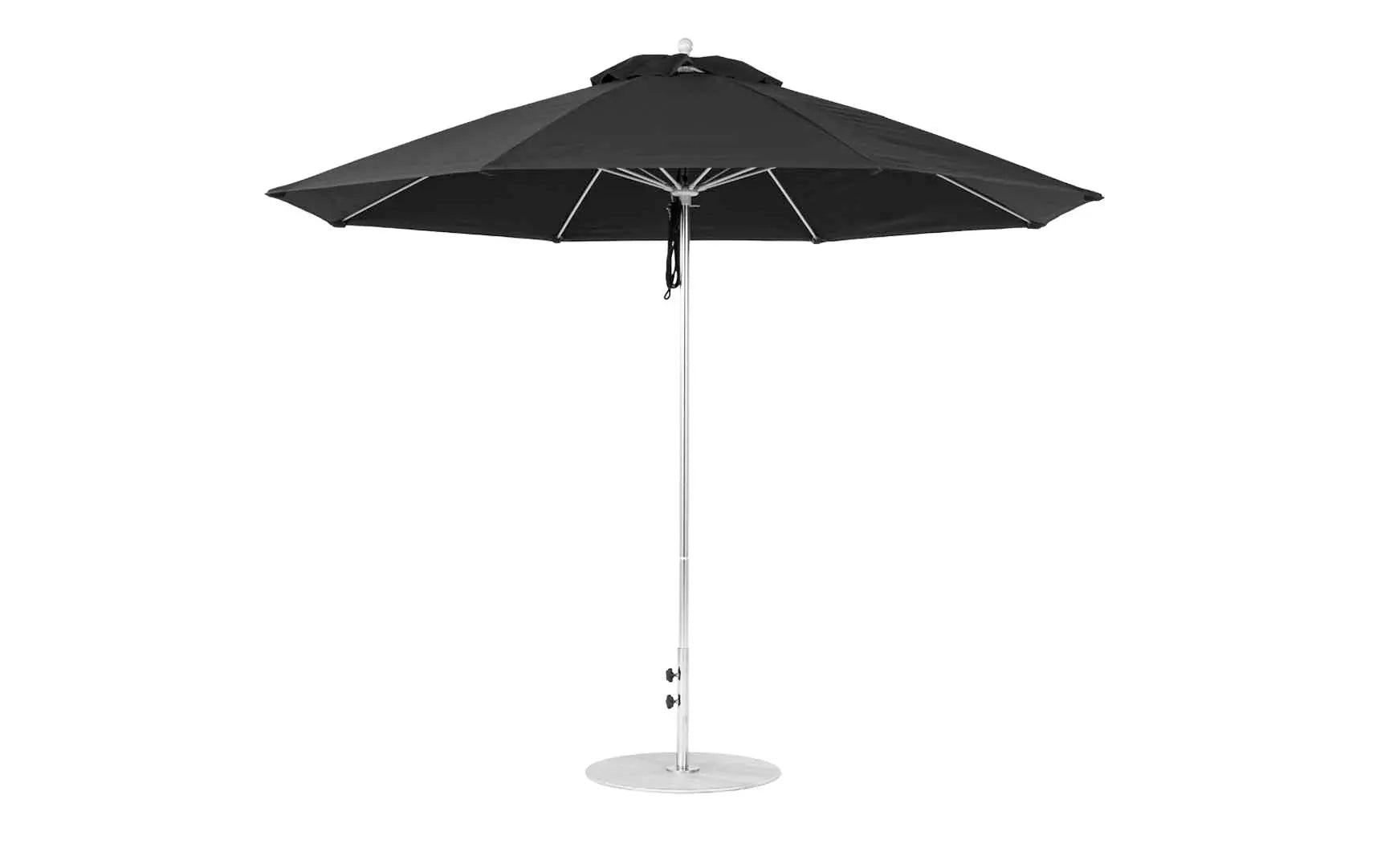 11-foot octagonal fiberglass umbrella with black canopy and silver poles
