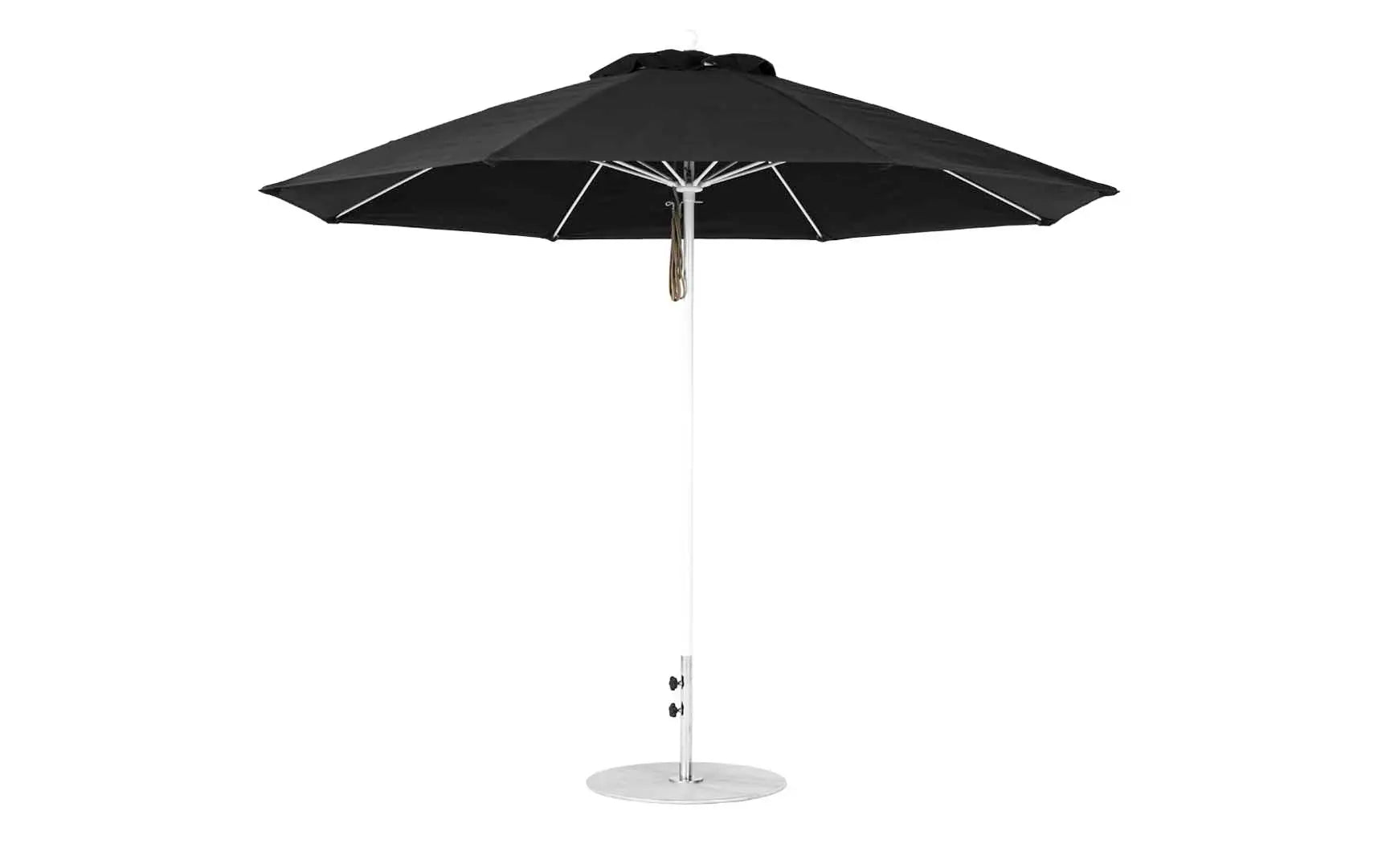11-foot octagonal fiberglass umbrella with black canopy and silver poles