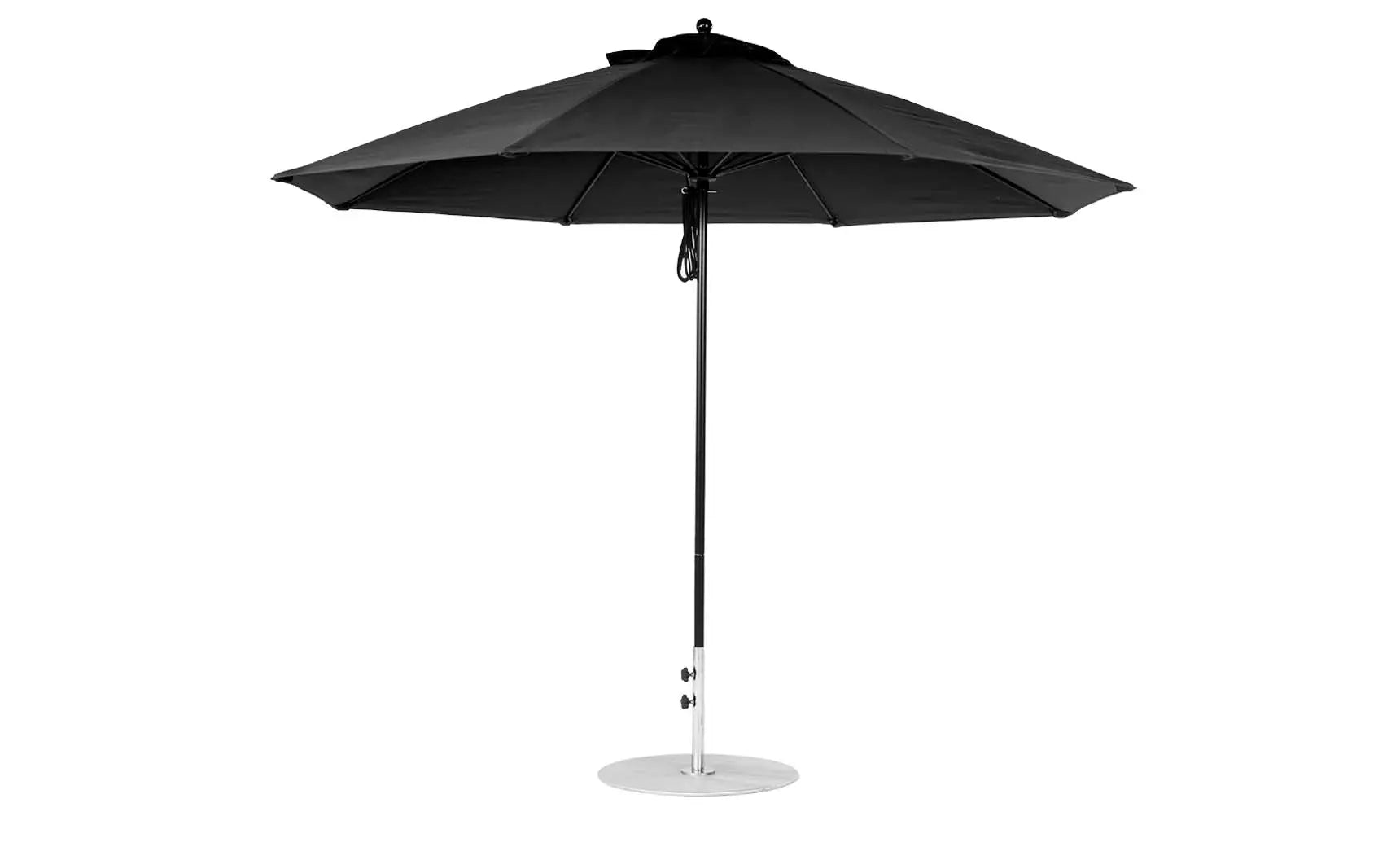 11-foot octagonal fiberglass umbrella with black canopy and silver poles