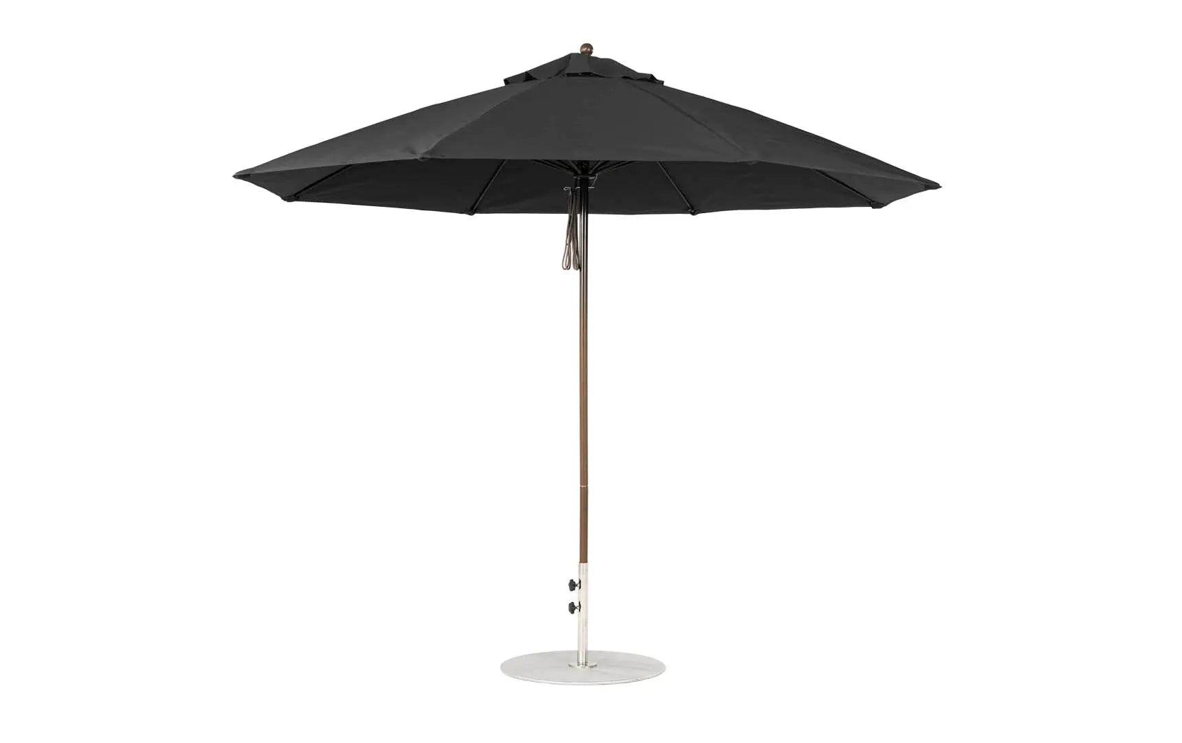 11-foot octagonal fiberglass umbrella with black canopy and silver poles