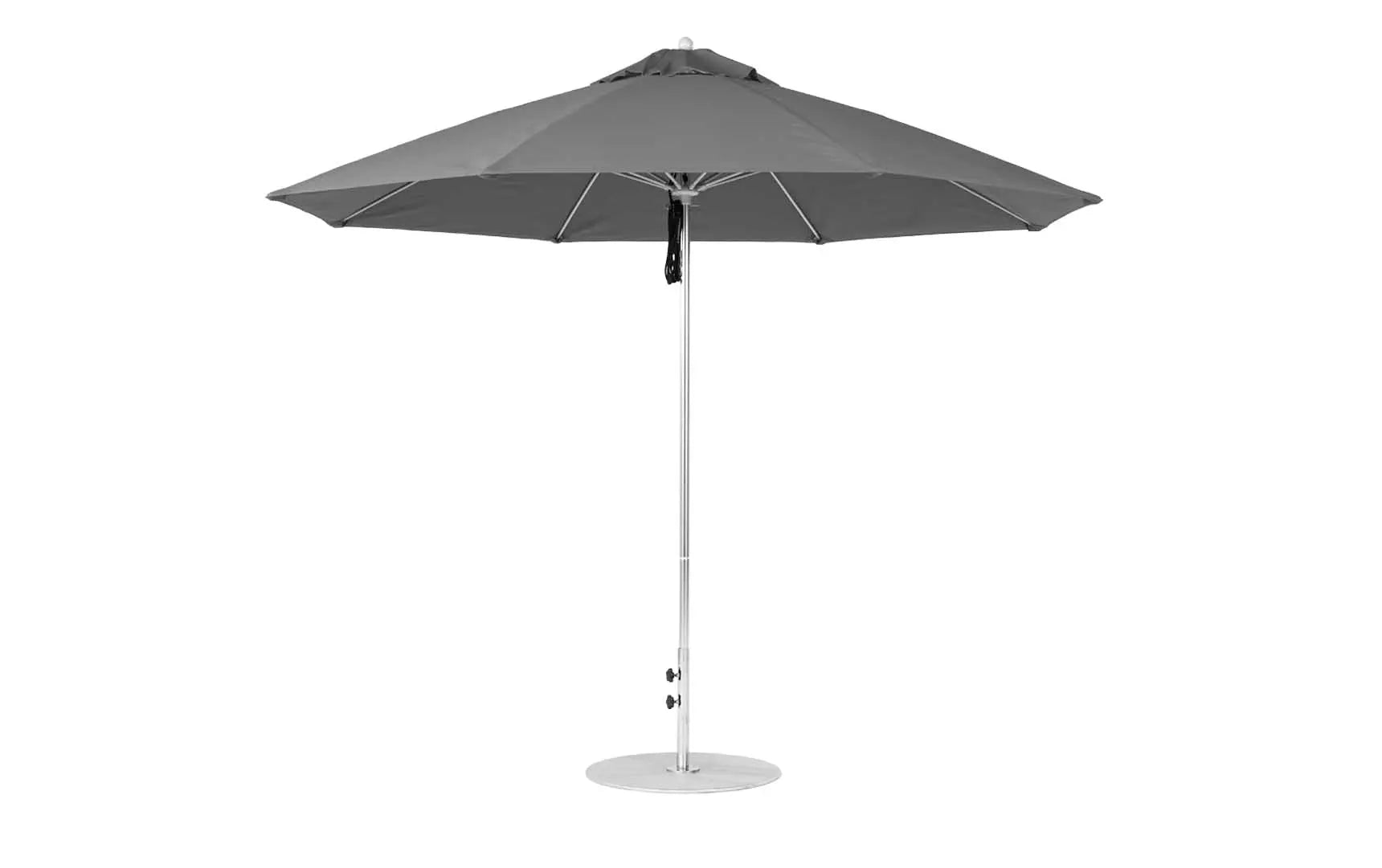 11-foot octagonal fiberglass umbrella with black canopy and silver poles