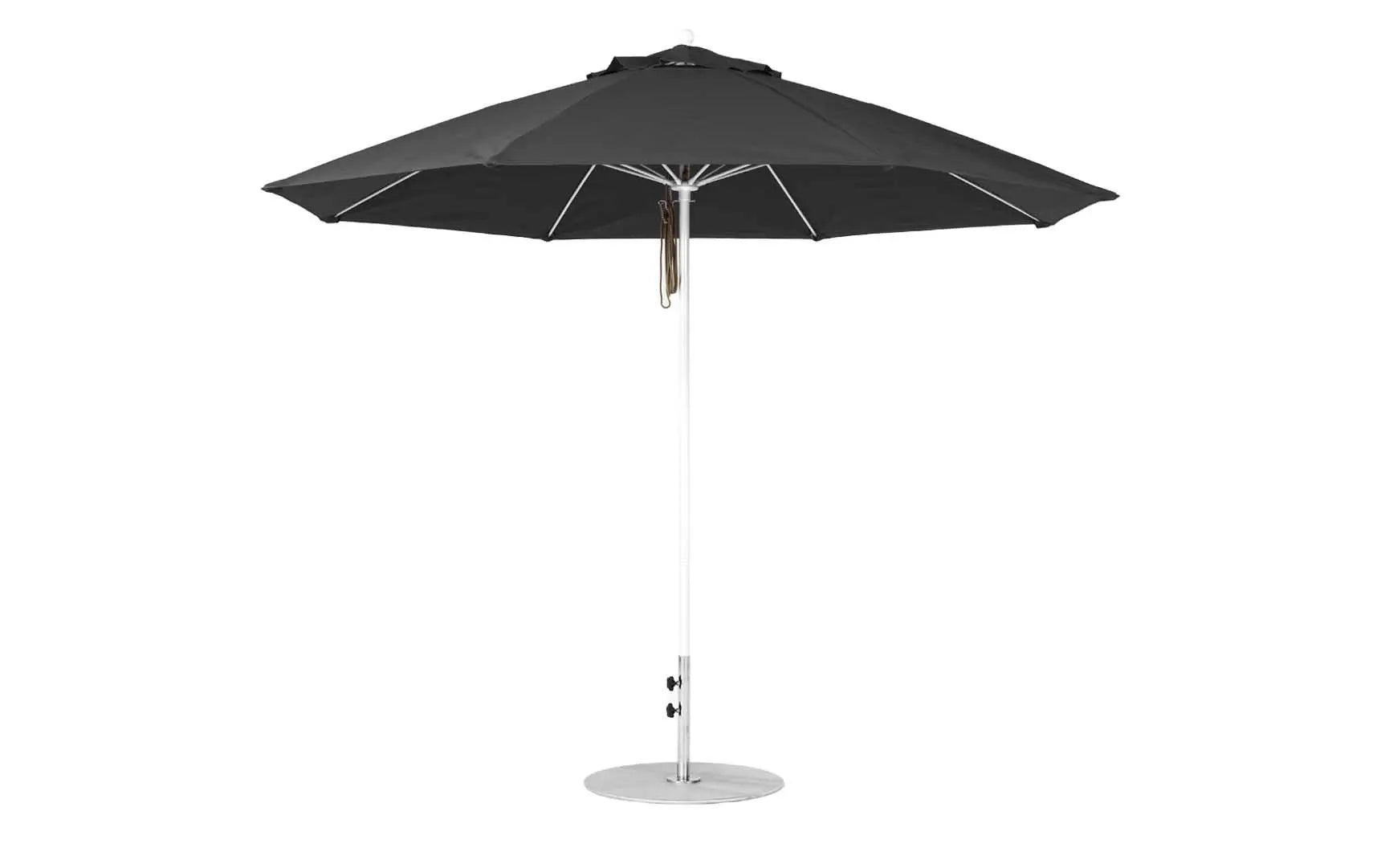 11-foot octagonal fiberglass umbrella with black canopy and silver poles