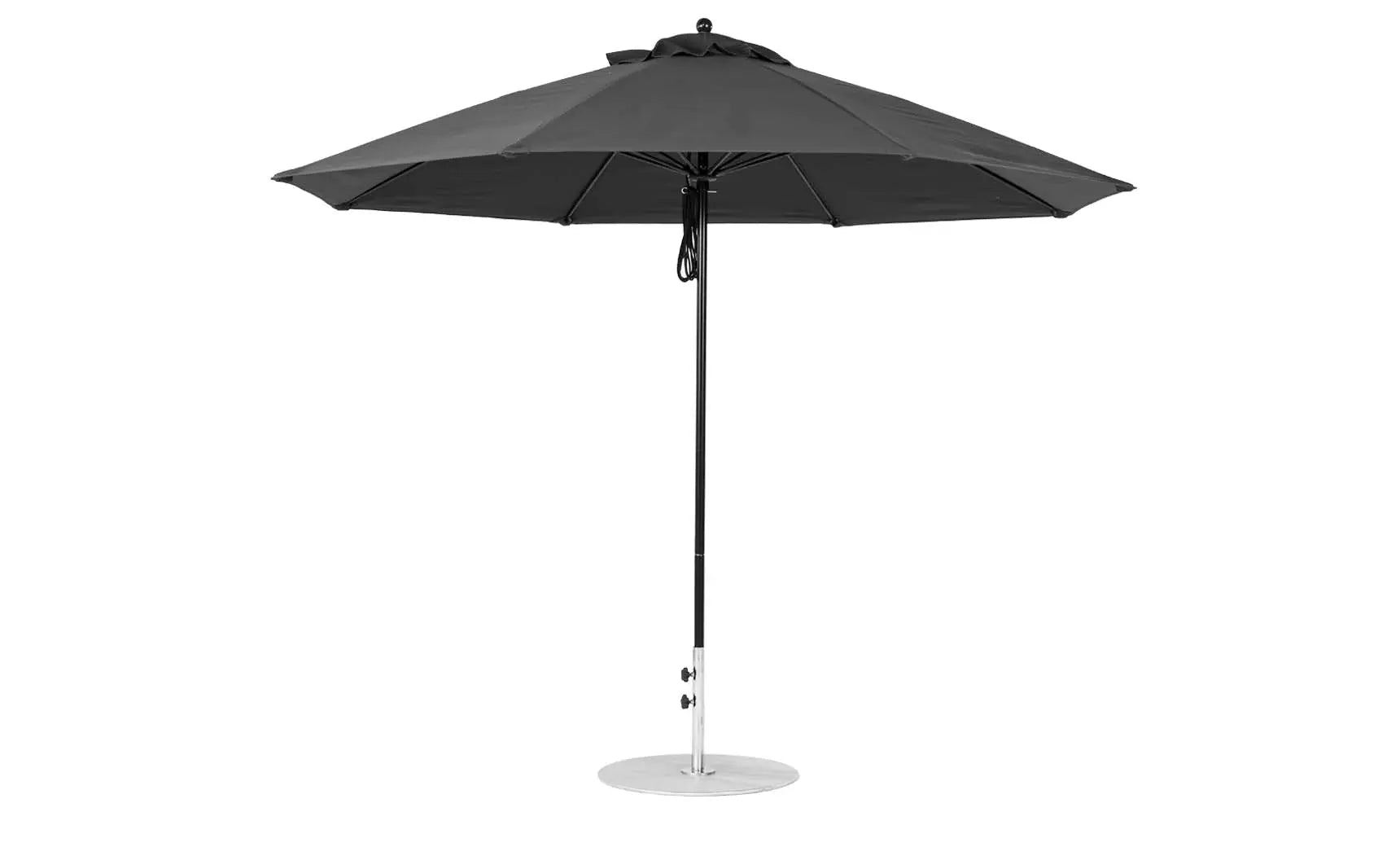 11-foot octagonal fiberglass umbrella with black canopy and silver poles
