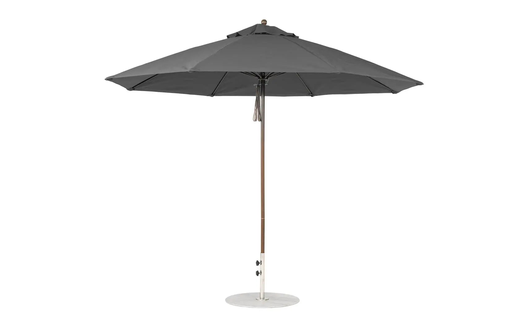 11-foot octagonal fiberglass umbrella with black canopy and silver poles