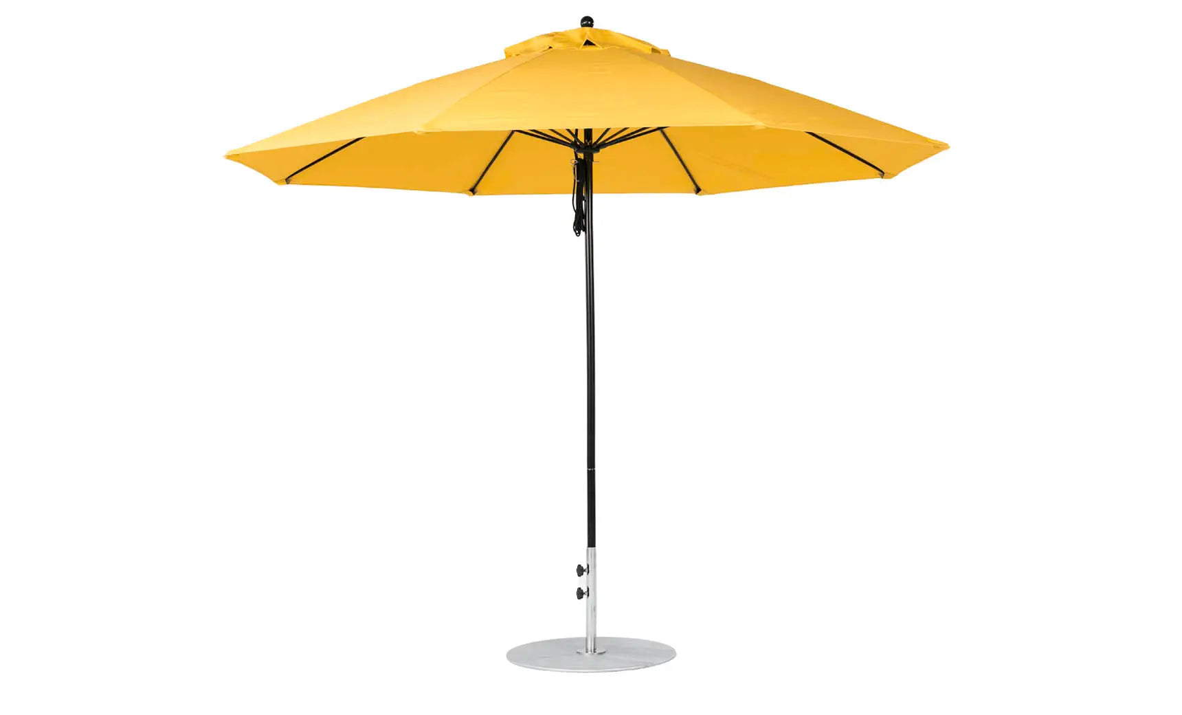 11-foot octagonal fiberglass umbrella with black canopy and silver poles