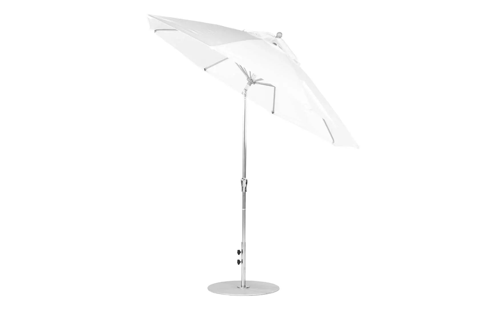9-foot octagonal crank auto tilt essential fiberglass umbrella in white with black ribs and silver canopy
