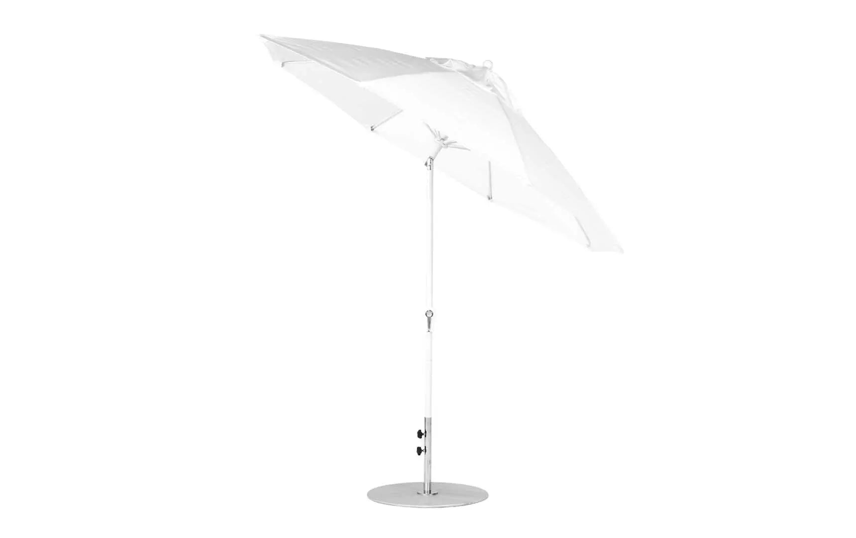9-foot octagonal crank auto tilt essential fiberglass umbrella in white with black ribs and silver canopy