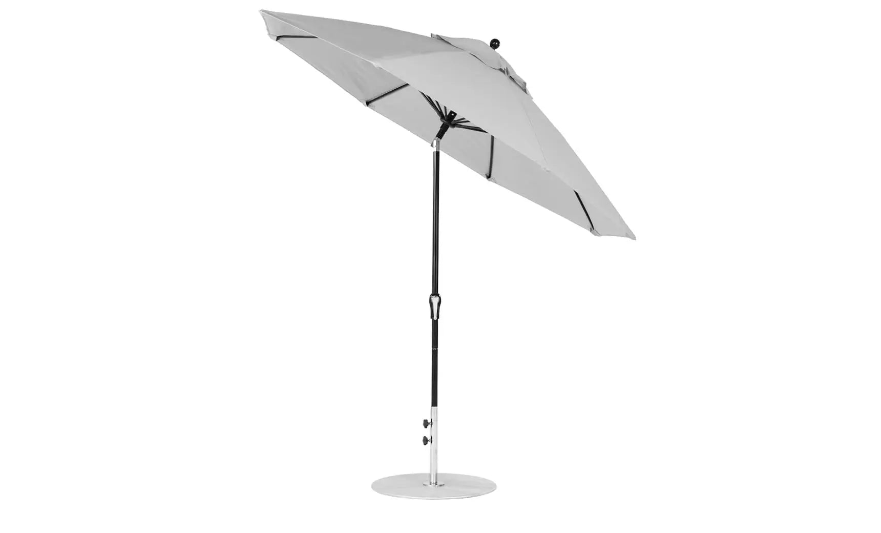 9-foot octagonal crank auto tilt essential fiberglass umbrella in white with black ribs and silver canopy