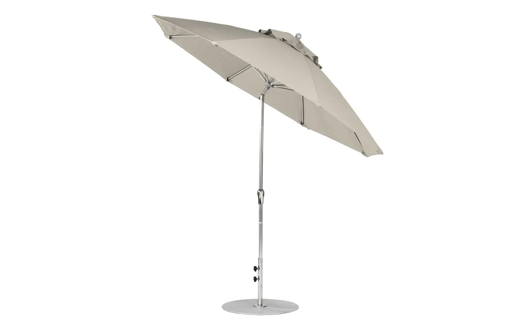 9-foot octagonal crank auto tilt essential fiberglass umbrella in white with black ribs and silver canopy