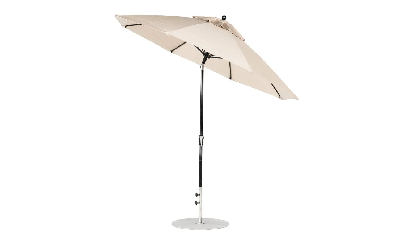 9-foot octagonal crank auto tilt essential fiberglass umbrella in white with black ribs and silver canopy