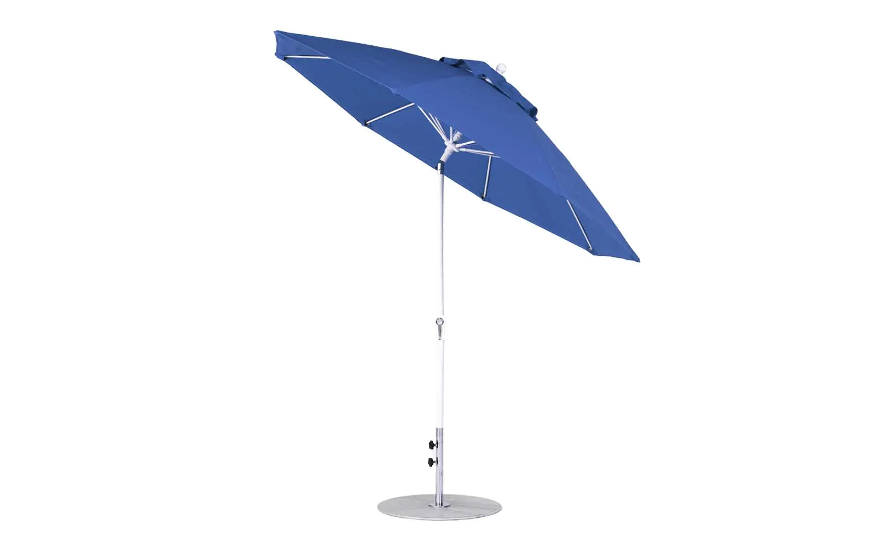 9-foot octagonal crank auto tilt essential fiberglass umbrella in white with black ribs and silver canopy