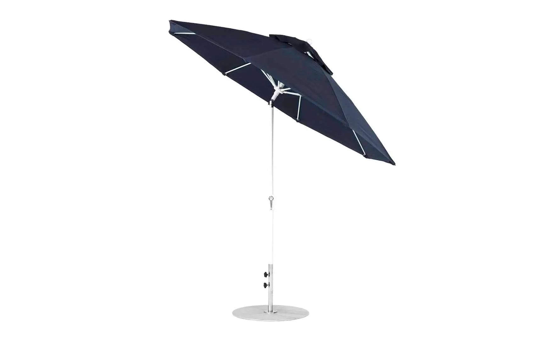 9-foot octagonal crank auto tilt essential fiberglass umbrella in white with black ribs and silver canopy