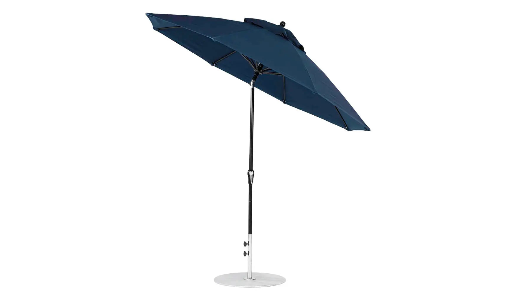 9-foot octagonal crank auto tilt essential fiberglass umbrella in white with black ribs and silver accents
