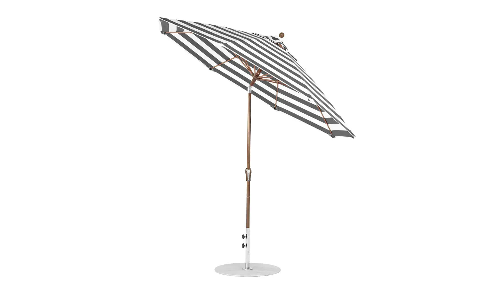 9-foot octagonal crank auto tilt essential fiberglass umbrella in white with black ribs and silver accents