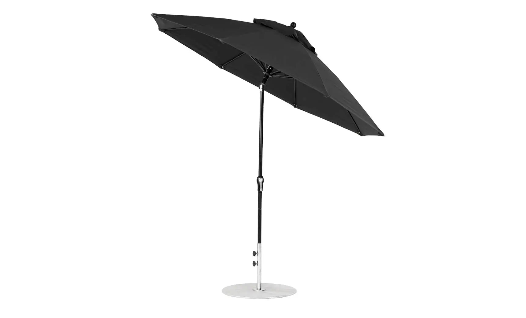 9-foot octagonal crank auto tilt essential fiberglass umbrella in white with black ribs and silver canopy