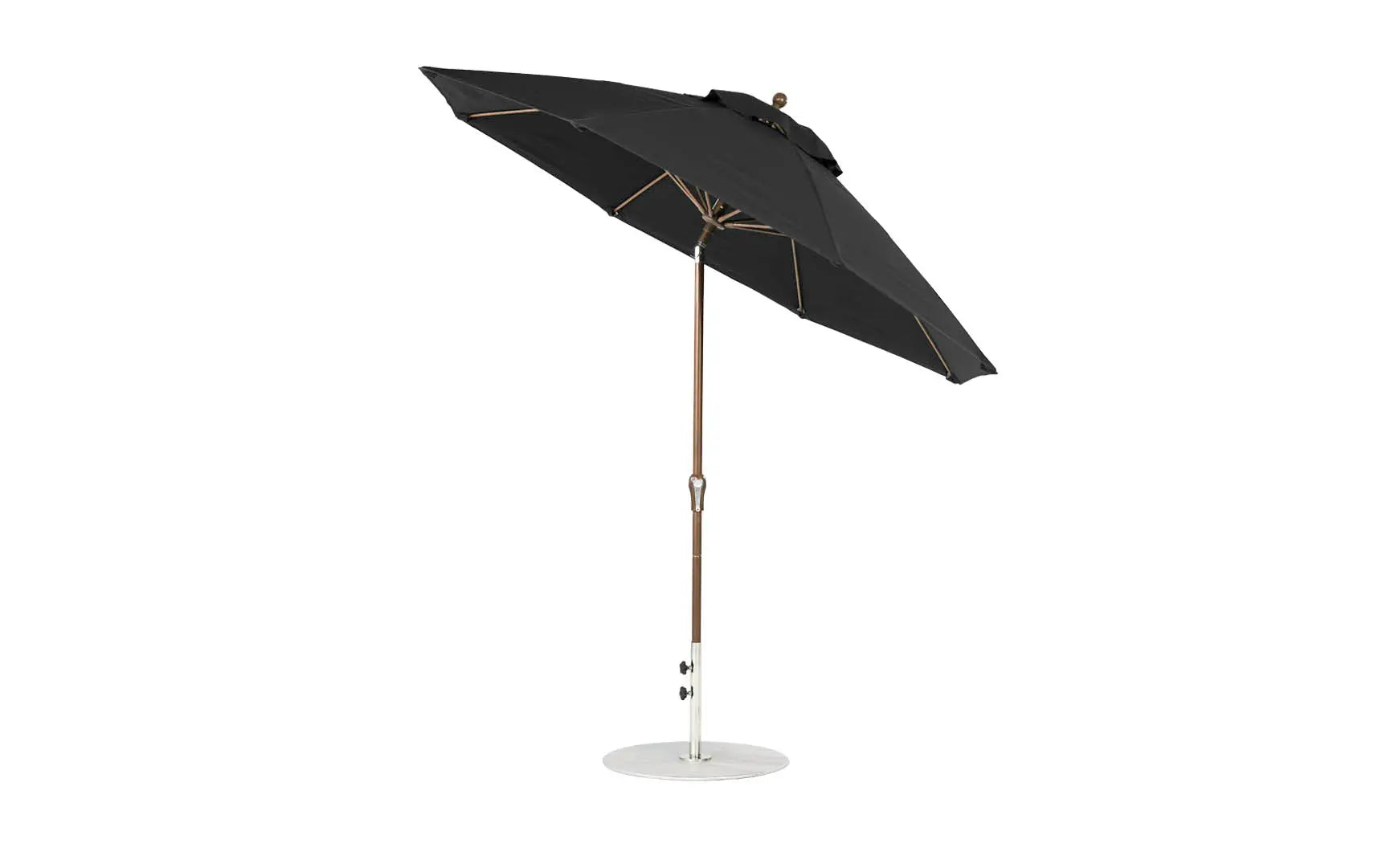9-foot octagonal crank auto tilt essential fiberglass umbrella in white with black ribs and silver canopy