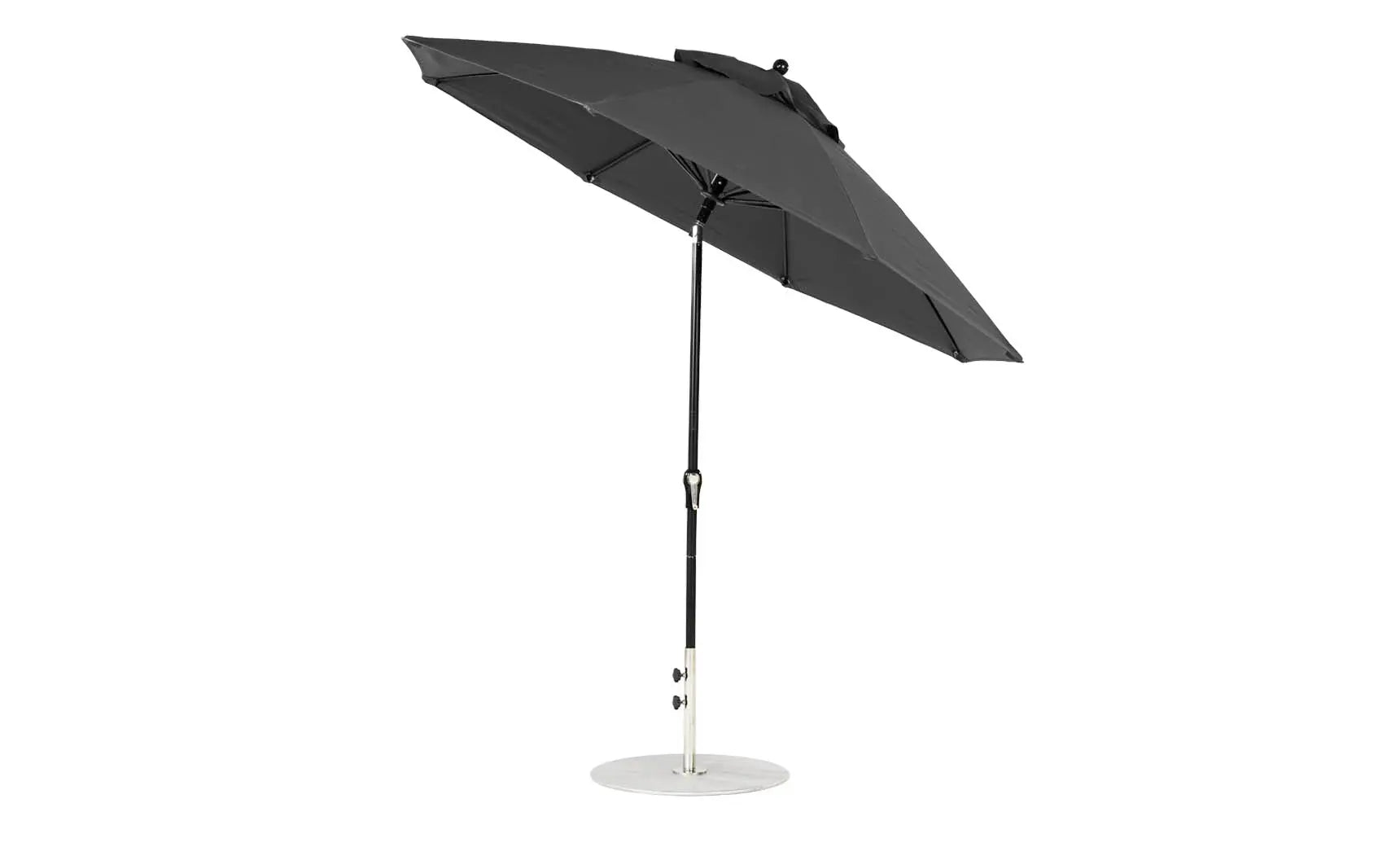 9-foot octagonal crank auto tilt essential fiberglass umbrella in white with black ribs and silver canopy