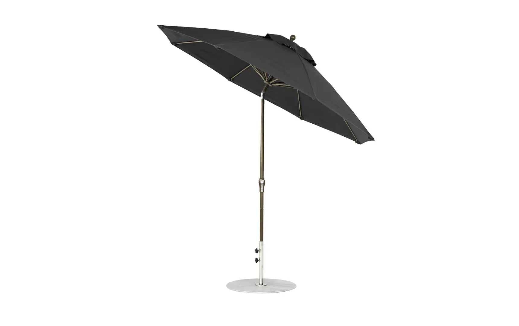 9-foot octagonal crank auto tilt essential fiberglass umbrella in white with black ribs and silver canopy