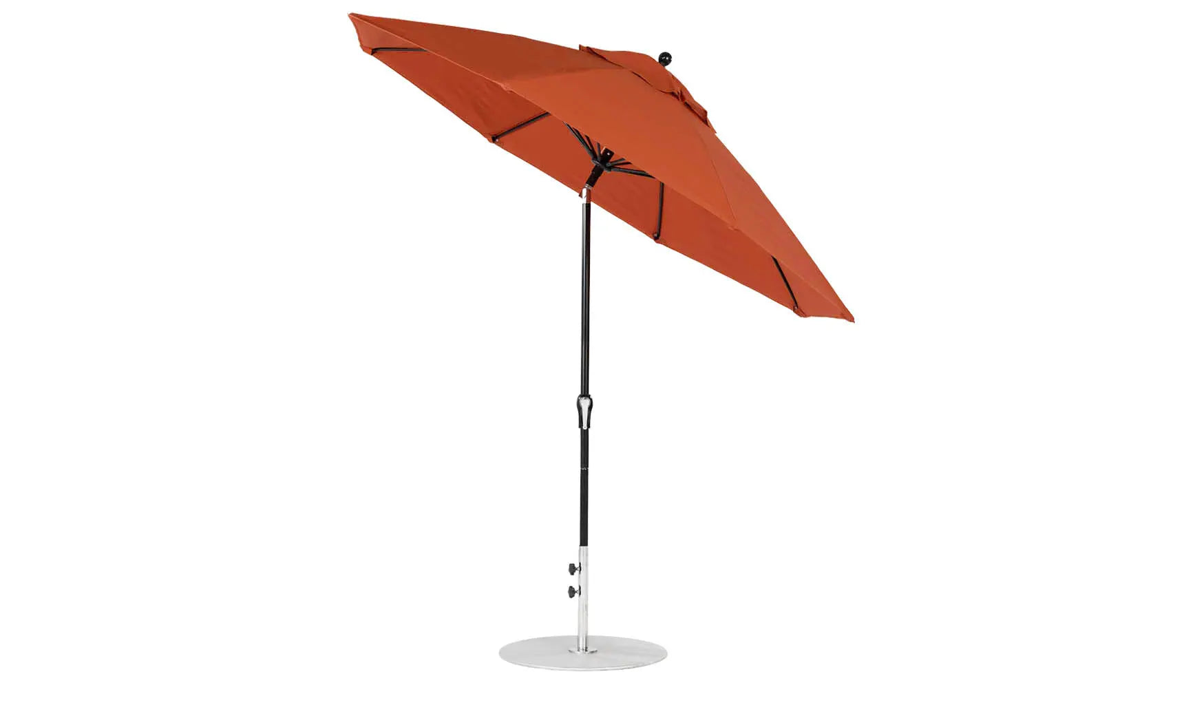 9-foot octagonal crank auto tilt essential fiberglass umbrella in white with black ribs and silver accents