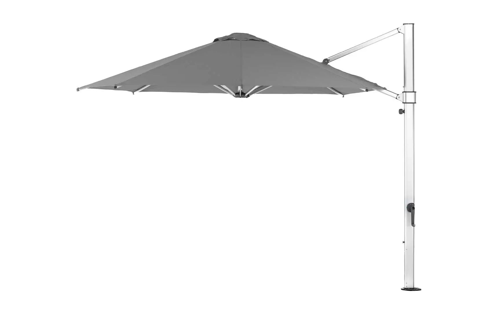 11-foot octagonal umbrella with clear cantilever design and silver ribs