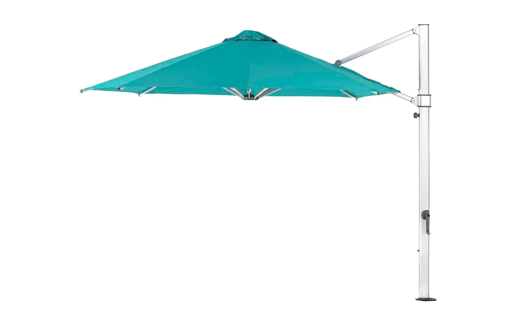 11-foot octagonal umbrella with clear cantilever design and silver ribs